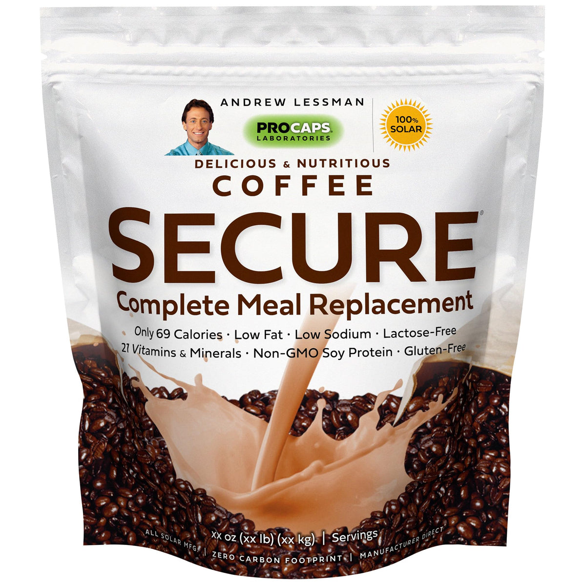 Andrew Lessman Secure Soy Complete Meal Replacement - Coffee 100 Servings (Bag)  Only 69 Calories, 7 Grams Non-GMO Soy Protein, 