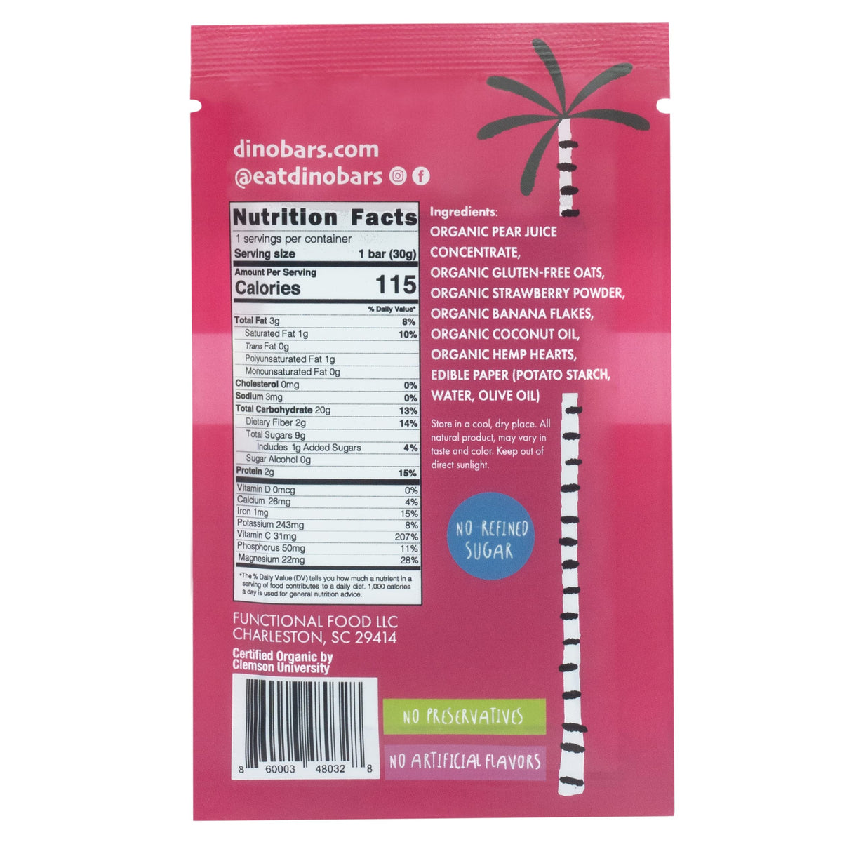 DINO BARS Organic Fruit Bar for Kids | Strawberry Flavor | 30 Count Pack