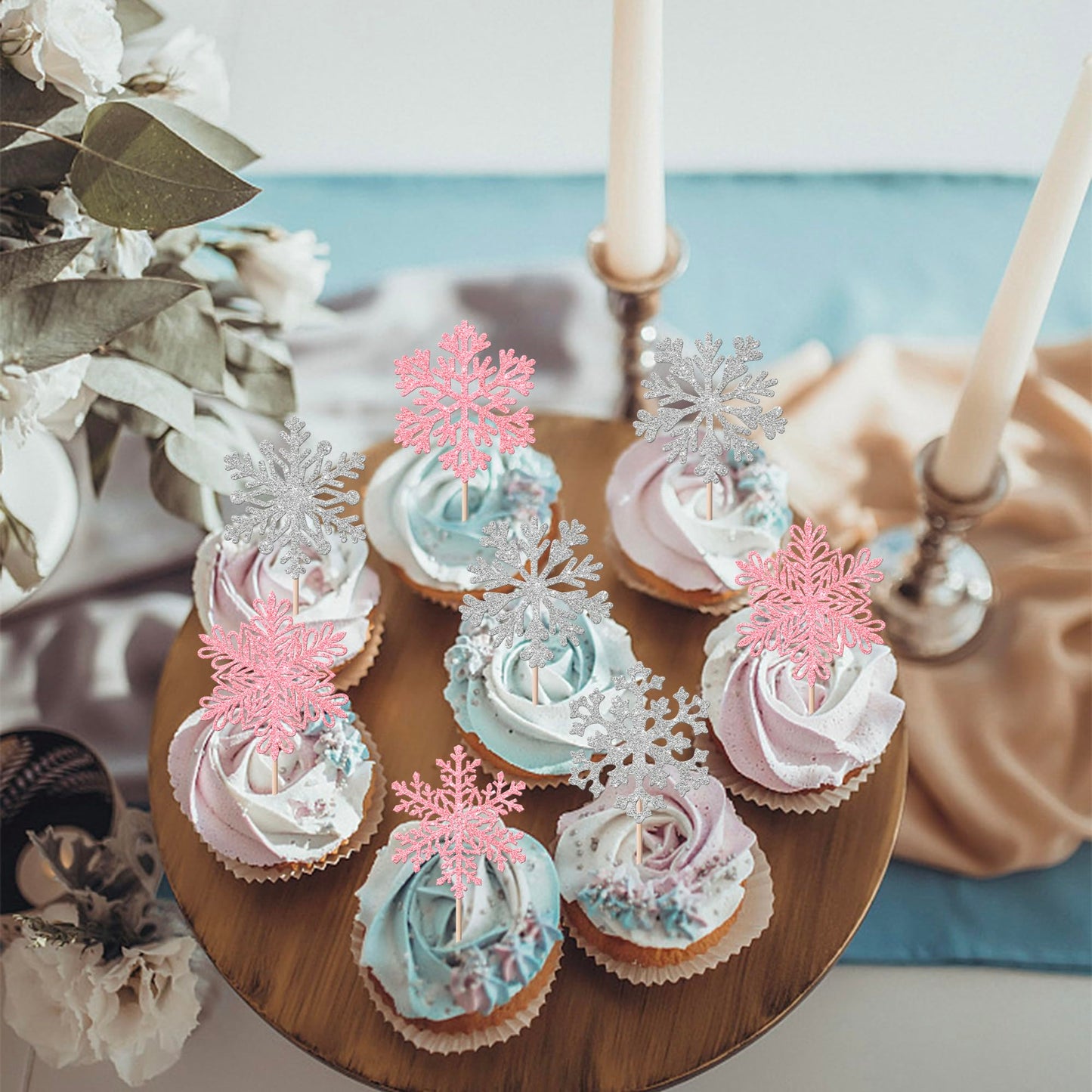 YCTHUNFISH 24 Pack Cupcake Toppers Glitter Snowflake Decorations, Pink & Silver, Paper, Ideal for Winter Parties and Baby Showers