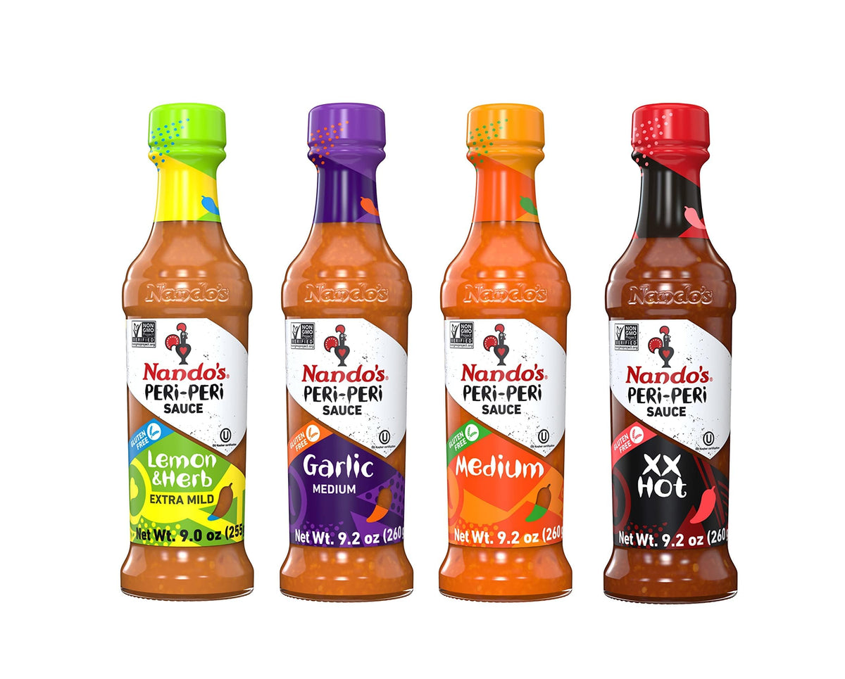 Nandos PERi PERi Artisan Hot Sauce Variety Gift Pack - Lemon & Herb, Garlic, Medium, Extra Extra Red Hot Piri Piri Sauce Set - 