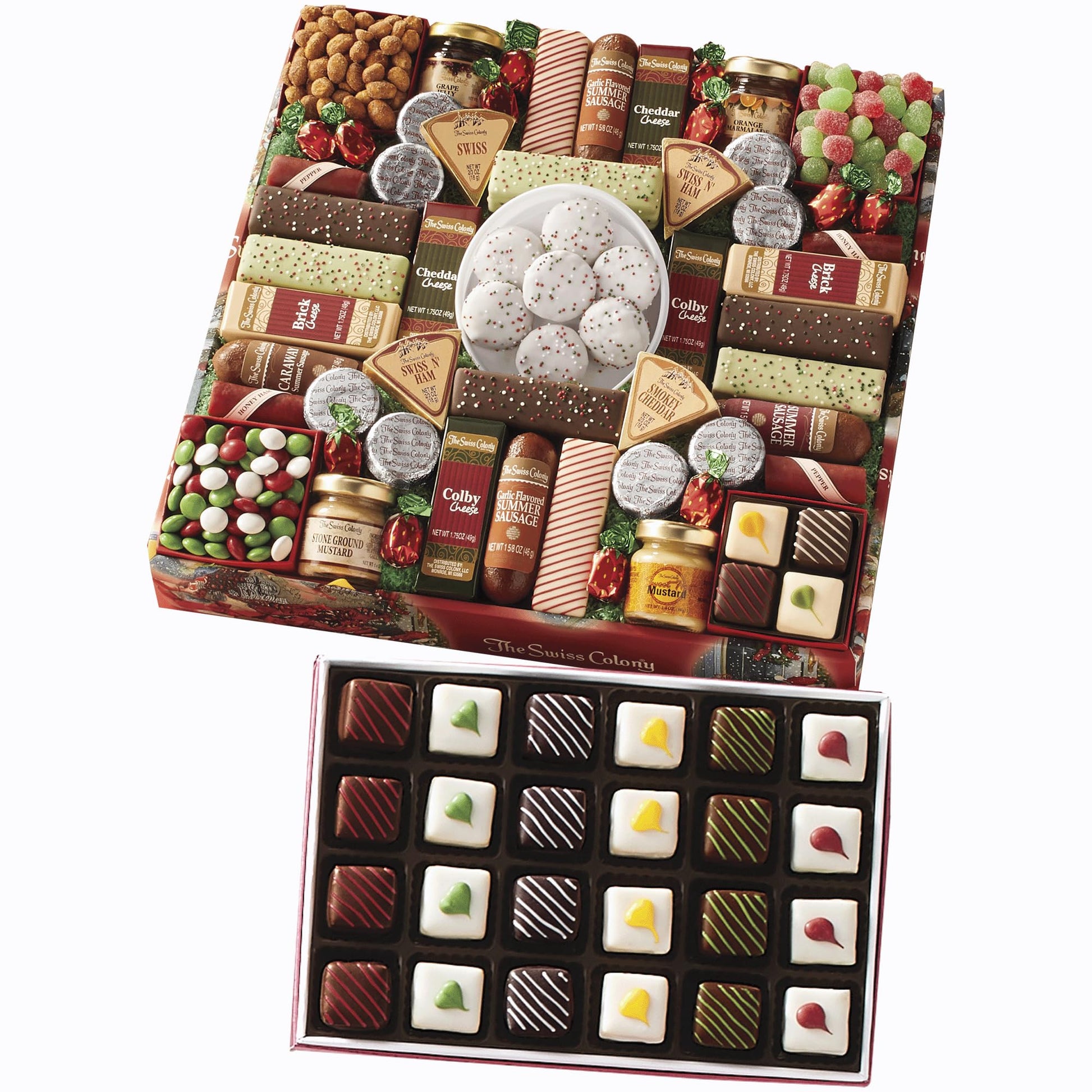 The Swiss Colony 43 Season Pleasers And Petits Fours Gift Bundle - Assorted Cheeses  Chocolates  Candies  And Summer Sausage Meats  Gourmet Chocolate And Swiss Creme Mini Layer Cakes