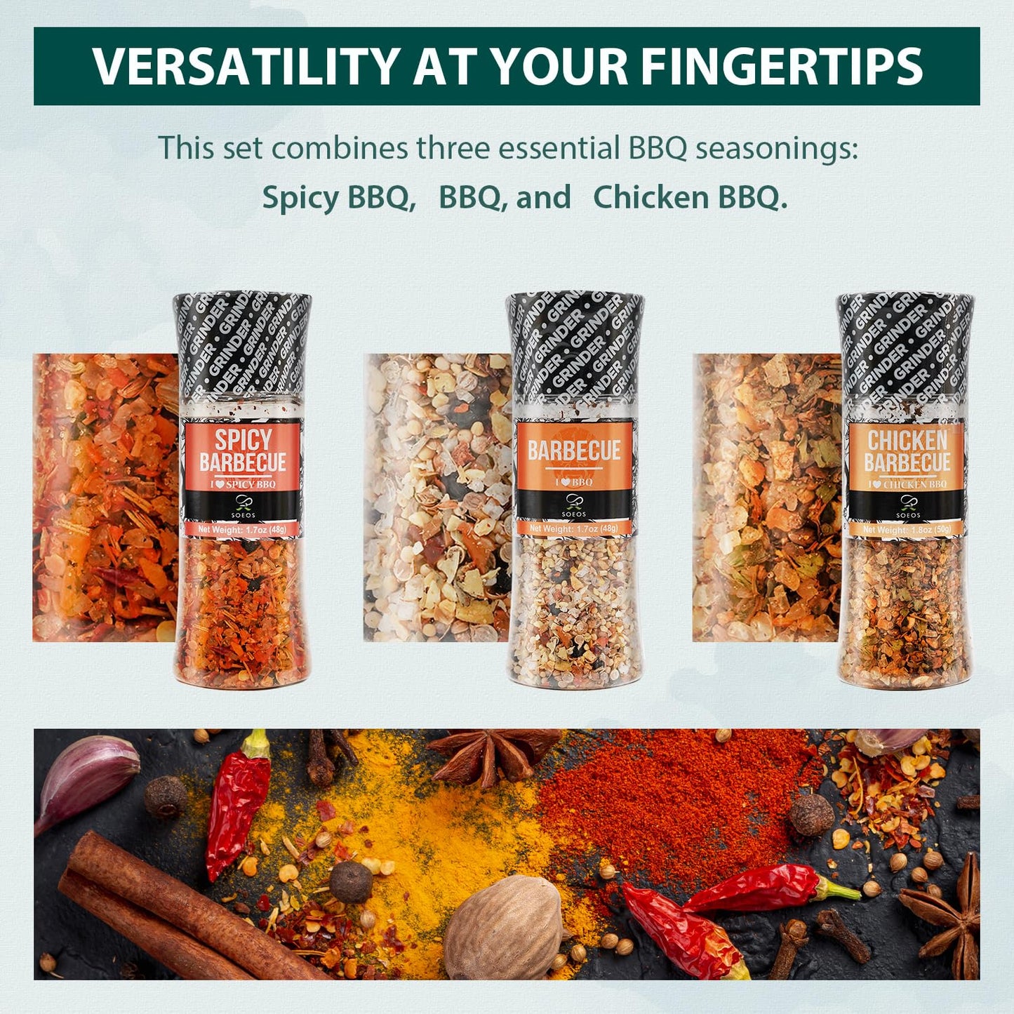 Soeos Spice Seasoning Set Of 3, 5.2Oz(146G), With Integrated Grinders, Salt And Pepper Grinder Set, Pure And Fresh Perfect For Bbq Seasoning Gift Set, Grilling Spice, Herb, Spice & Seasoning Gifts