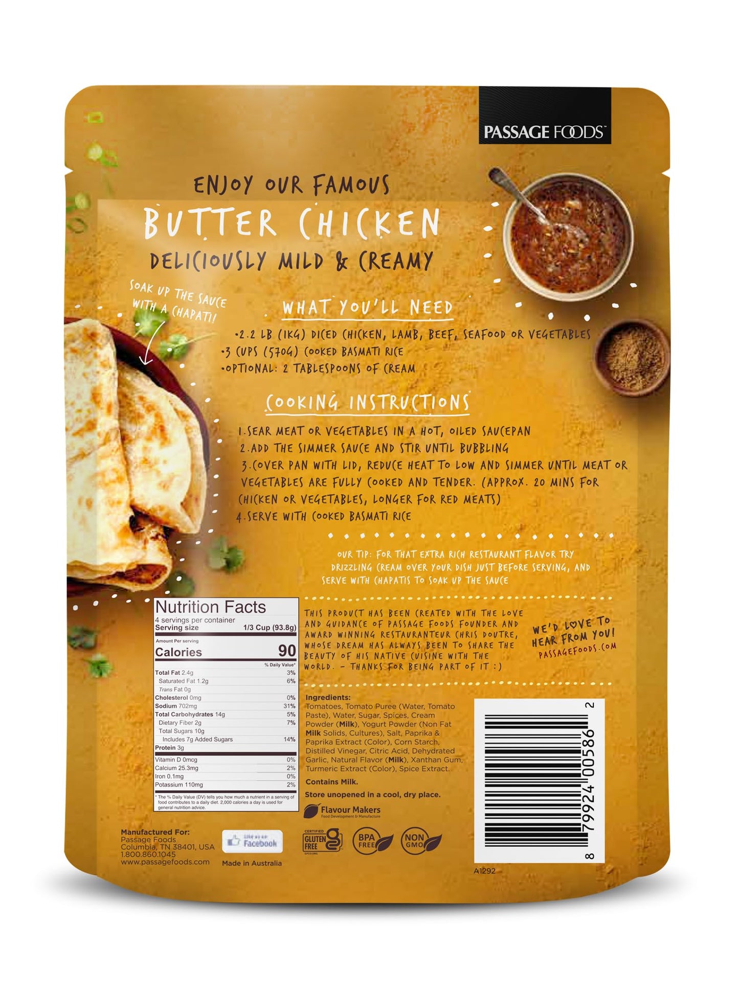 Passage to India Butter Chicken Sauce - Authentic Indian Food Flavor - Simmer Sauce - Convenient Meal Prep - 13.2 oz (Pack of 6)