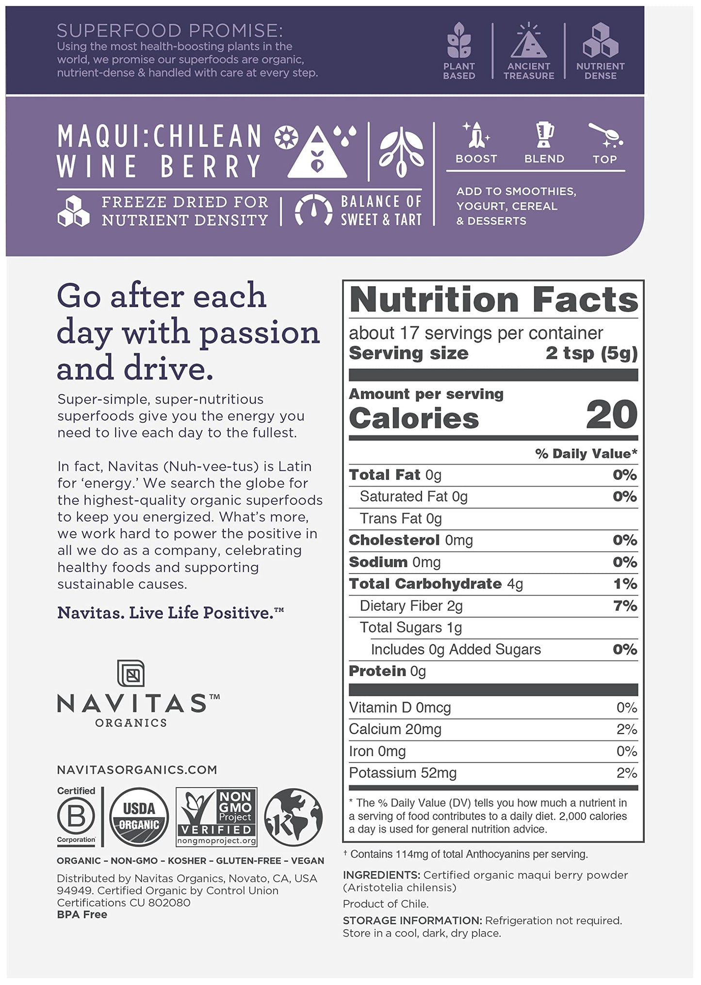 Navitas Organics Maqui Powder, 3 oz. Pouch, 17 Servings - Organic, Non-GMO, Freeze-Dried, Gluten-Free
