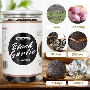 RioRand Black Garlic 908g / 2 Pounds Whole Peeled Black Garlic Aged for Full 90 Days Black Garlic Jar Equal to 4lbs of Whole Bla