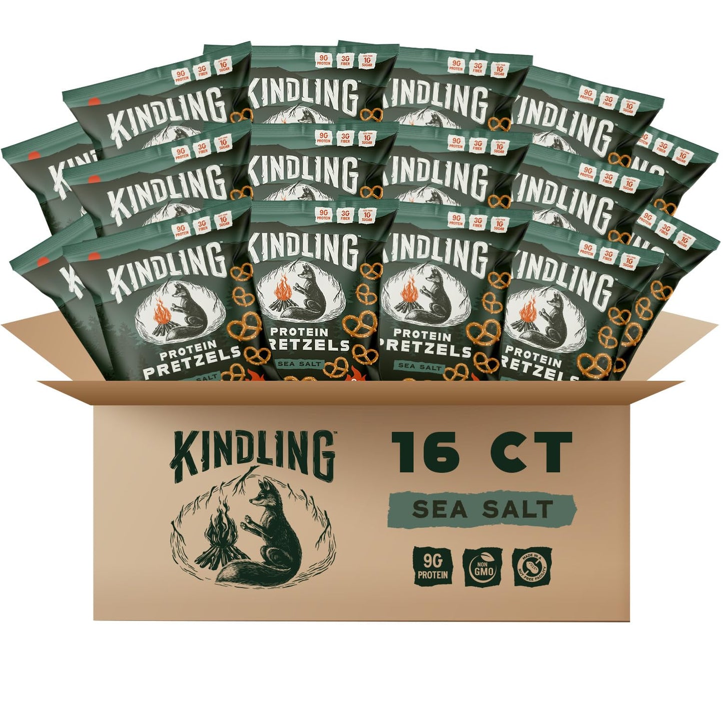 Kindling Protein Pretzels - Sea Salt | Protein-Packed Snack Size Bags | Kosher | 8-9g Protein Per Serving | No Artificial Flavor