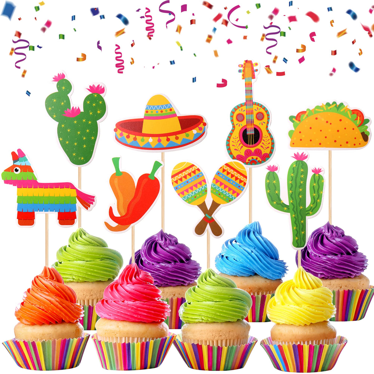 32 Pcs Mexican Fiesta Cupcake Toppers Assembled Cactus Donkey Maraca Sombrero Guitar Cupcake Picks Mexican Fiesta Theme Baby Sho