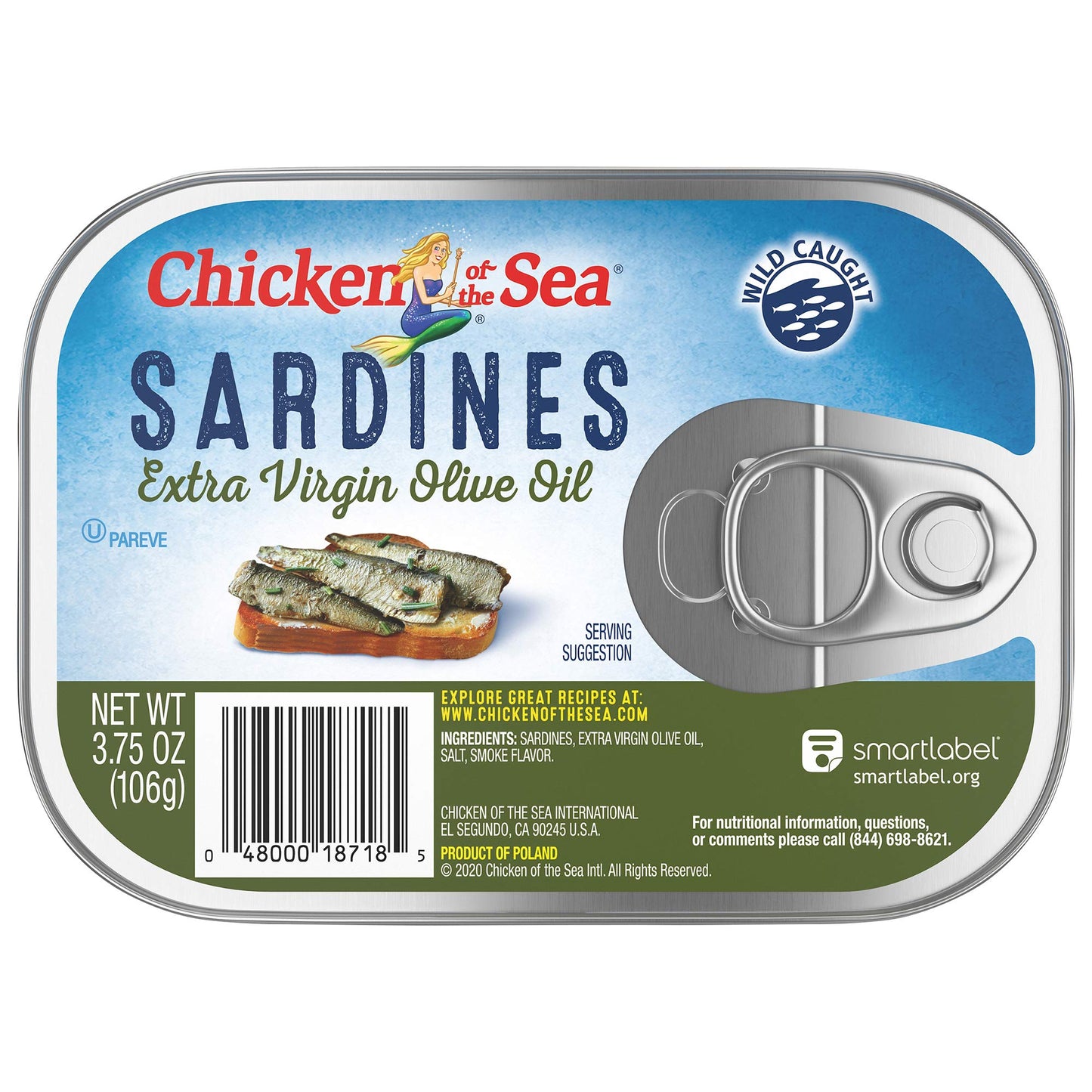 Chicken of the Sea Sardines in Olive Oil, 3.75 oz. (Pack of 18), Wild Caught Canned Sardines, Packaging May Vary