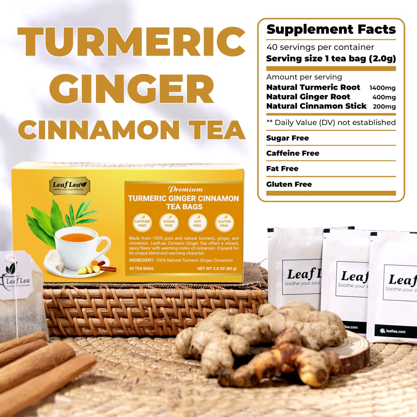 LeafLea Ginger Turmeric Tea Bags, 100% Natural Herbal Blend, Caffeine-Free, 160 Bags (Pack of 4)
