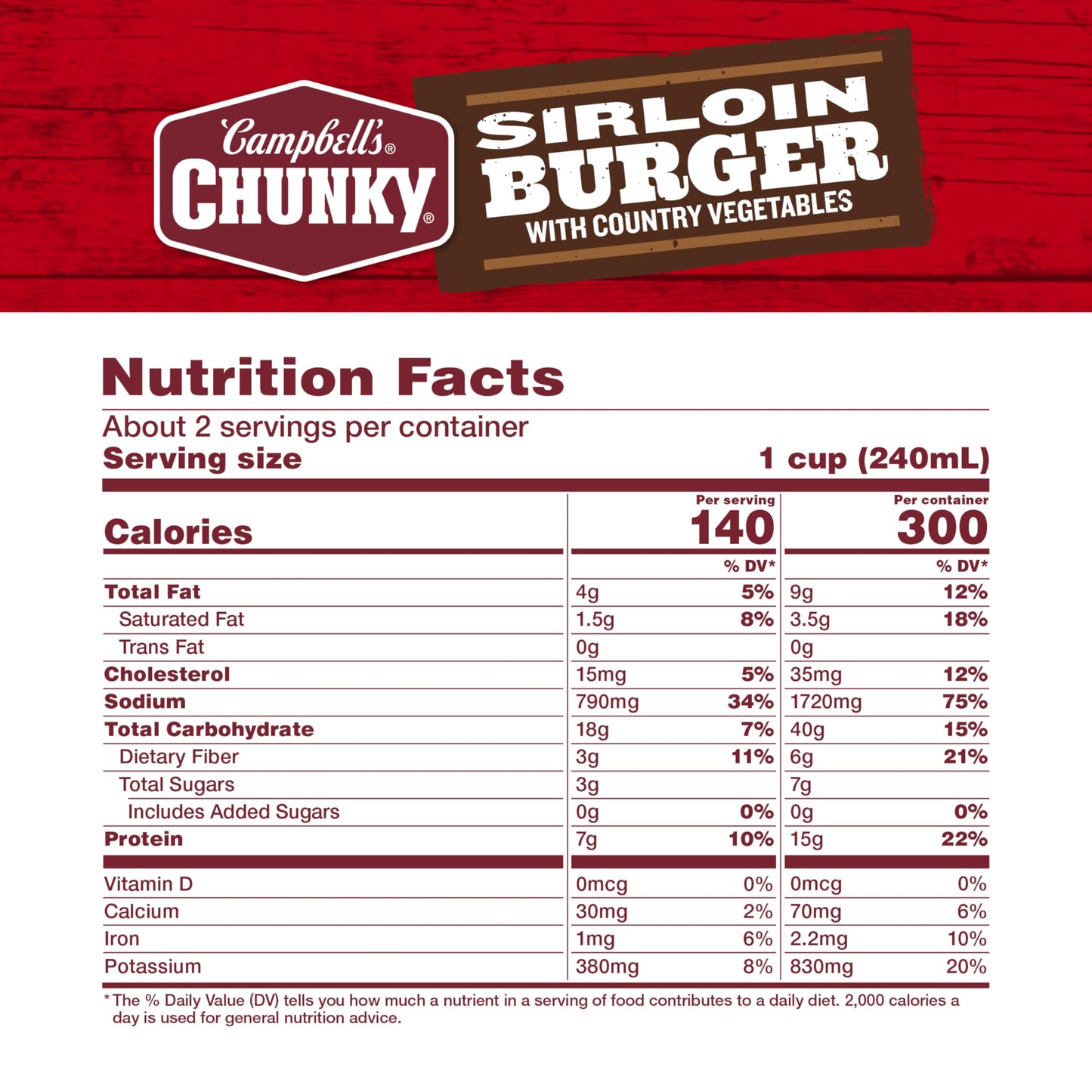 Campbells Chunky Soup, Sirloin Burger With Country Vegetables Beef Soup, 18.8 oz Can