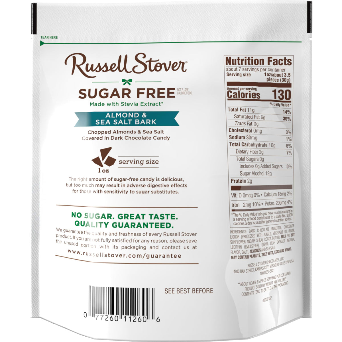 RUSSELL STOVER Sugarfree Dark Chocolate Almond & Sea Salt Bark, 7.5 oz bag, 5 Pack