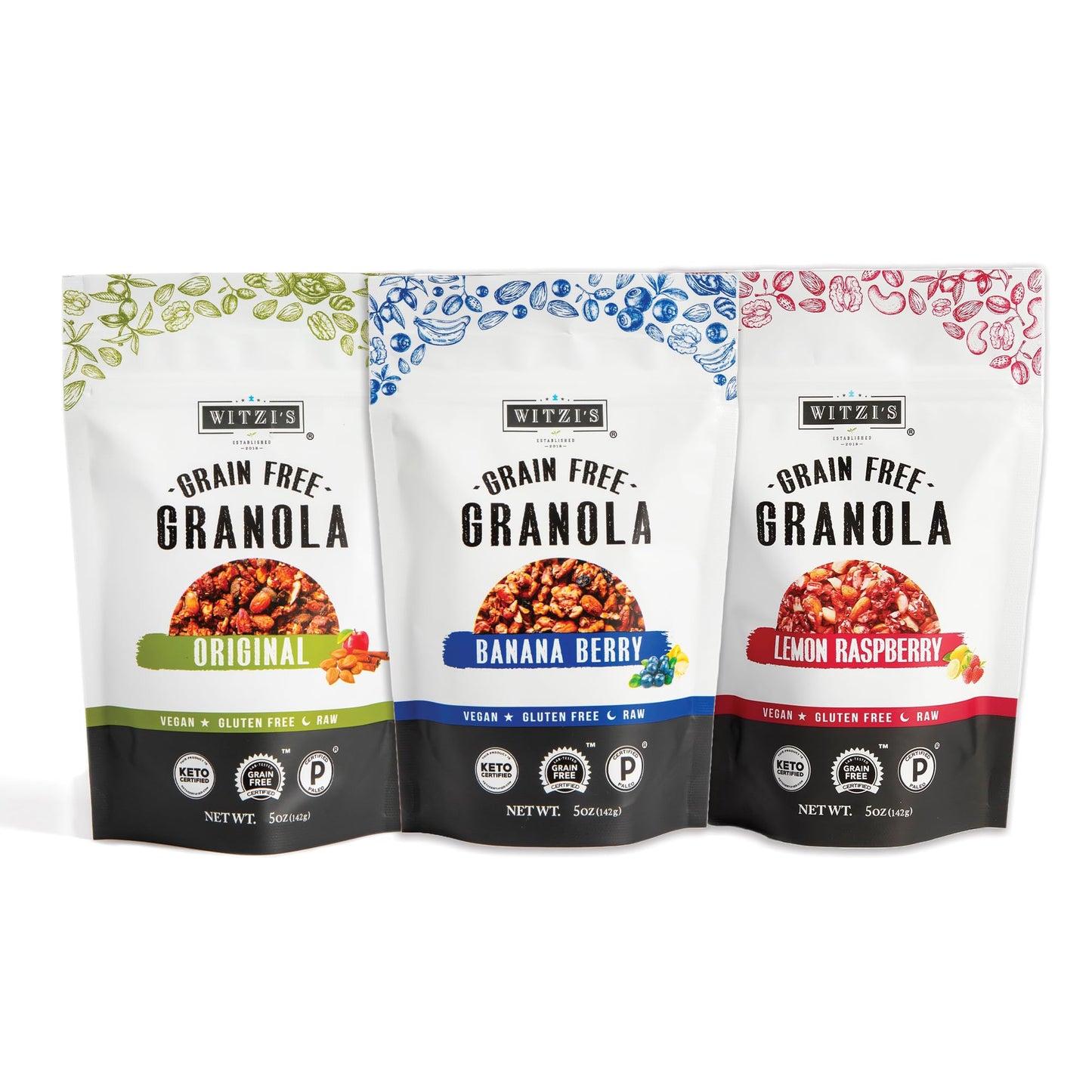 Witzi's Grain Free Granola, Variety Pack, 5oz (Pack of 3), Original, Banana Berry, Lemon Raspberry, Made with Almonds, Walnuts &
