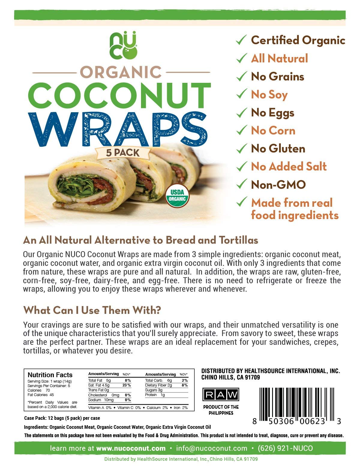Nuco Certified Organic Paleo Gluten Free Vegan Coconut Wraps, 5 Count (One Pack Of Five Wraps)