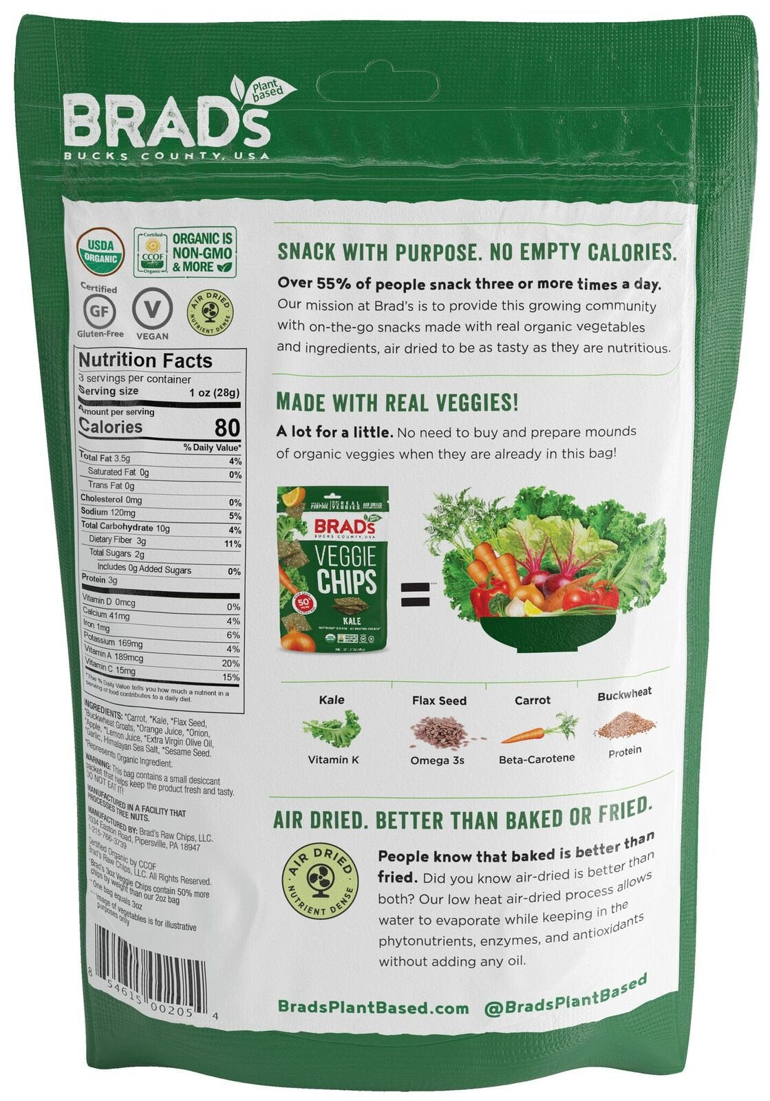 Brads Plant Based Organic Veggie Chips, Kale, 6 Bags, 12 Servings Total-3 Ounce (Pack of 6)