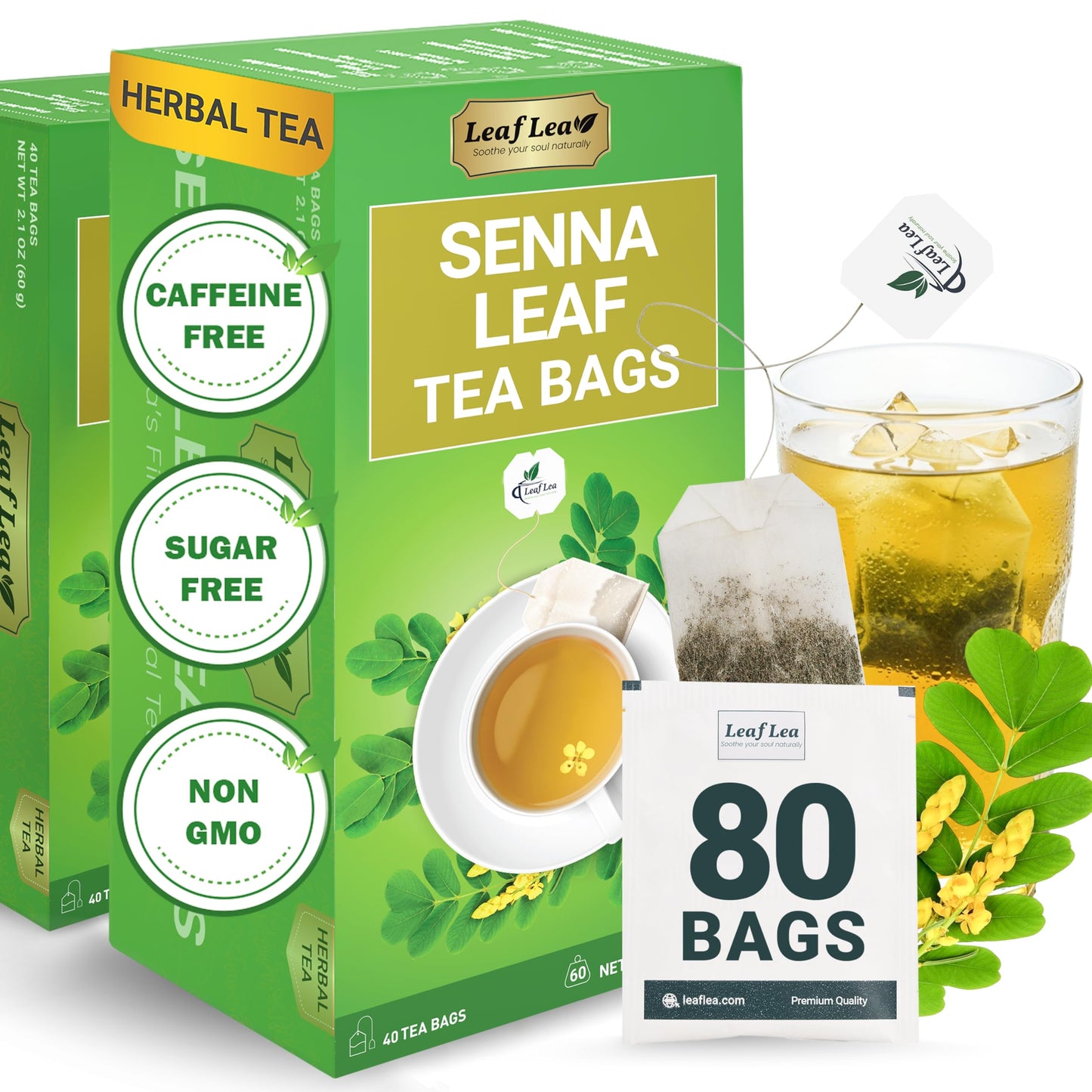 LeafLea Herbal Laxative Tea Bags, Caffeine-Free, Sugar-Free, Vegan, 80 Bags (Pack of 2)