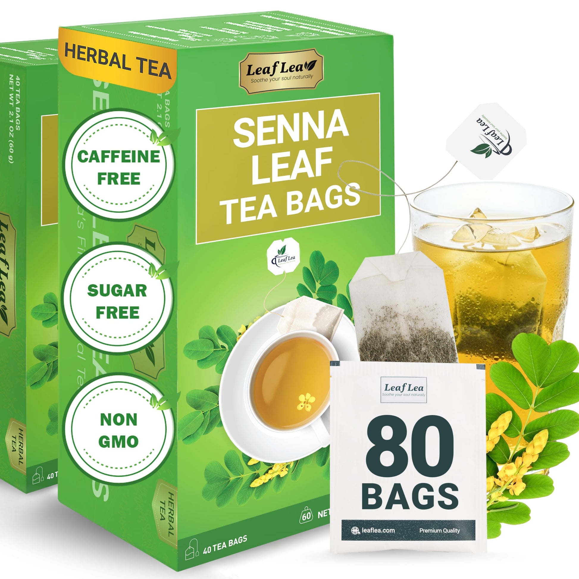 LeafLea Herbal Laxative Tea Bags, Caffeine-Free, Sugar-Free, Vegan, 80 Bags (Pack of 2)
