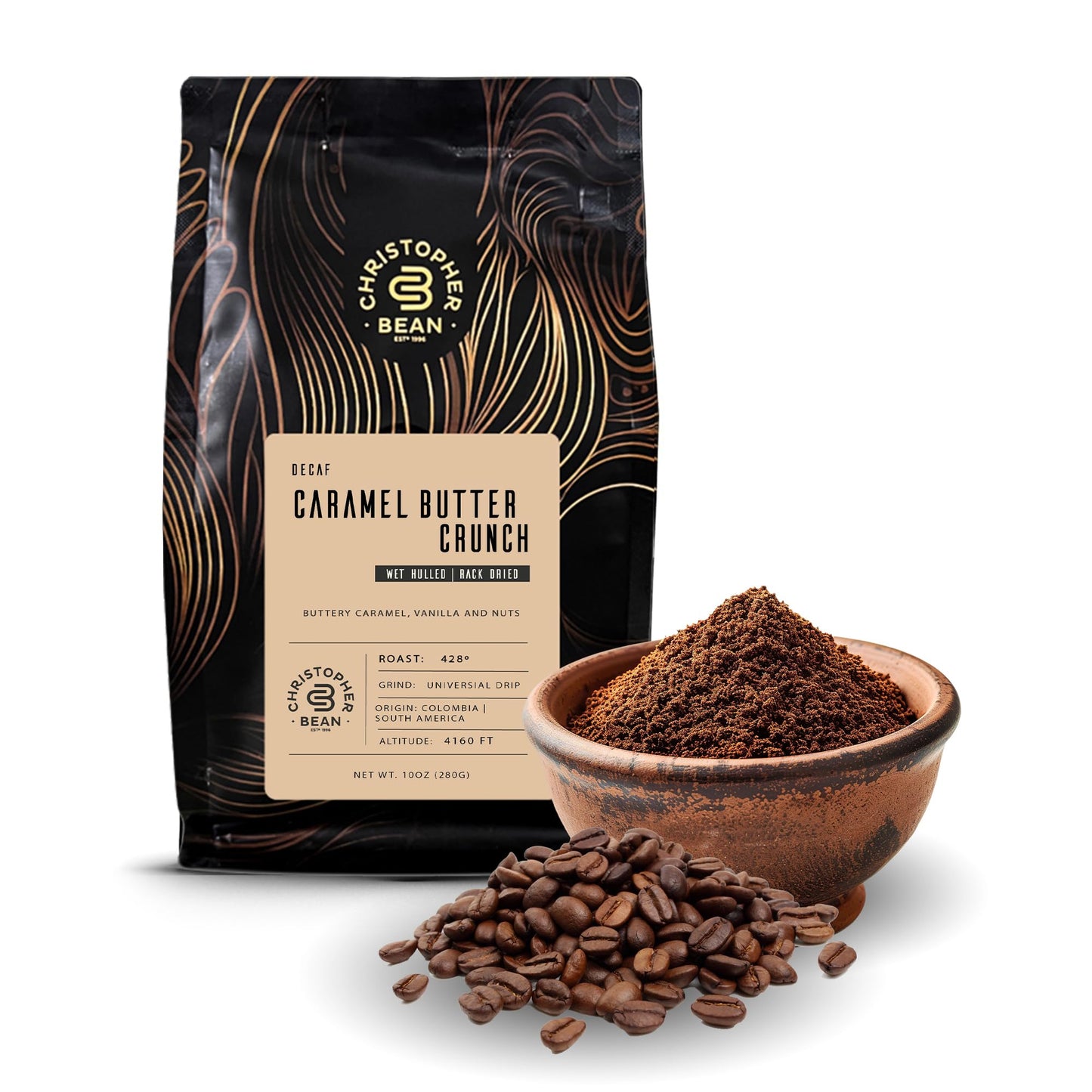 Christopher Bean Coffee - Certified Kosher - Decaf Ground Caramel Butter Crunch Flavored Coffee With Medium Roast | Caramel Butter Crunch Coffee No Sugar With 100% Arabica  No Fats  Non-Gmo | 10-Ounce