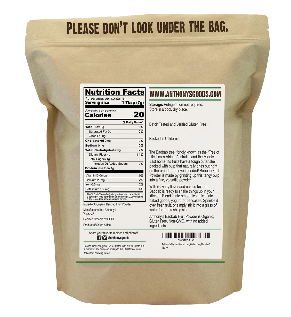 Anthonys Organic Baobab Fruit Powder, 12 oz, Gluten Free, Non GMO