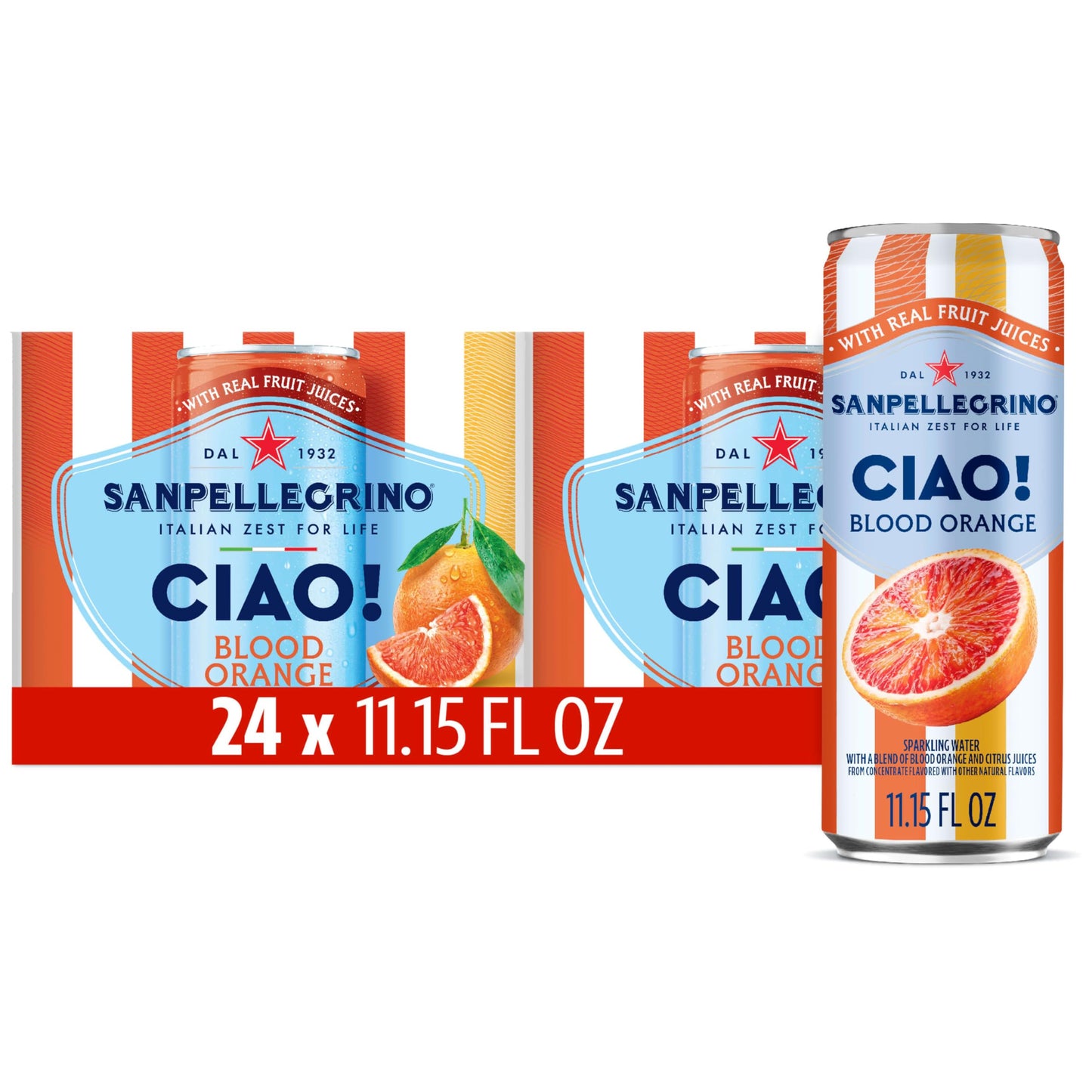 Sanpellegrino CIAO Blood Orange Sparkling Water, Low-Calorie Italian Sparkling Water with Real Fruit Juices, 0g Added Sugar, 24-