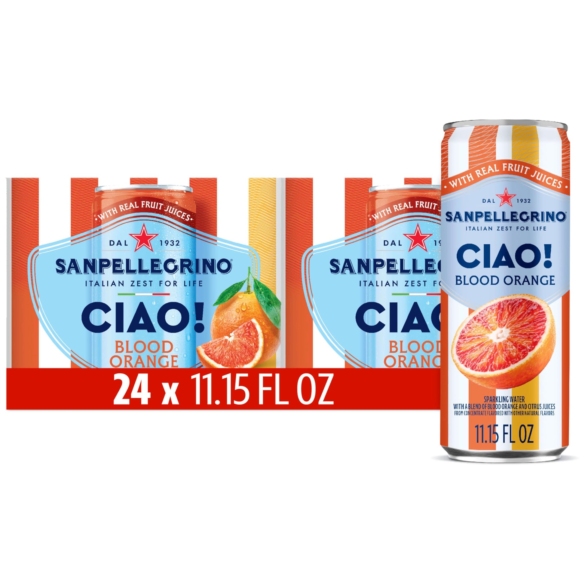Sanpellegrino CIAO Blood Orange Sparkling Water, Low-Calorie Italian Sparkling Water with Real Fruit Juices, 0g Added Sugar, 24-