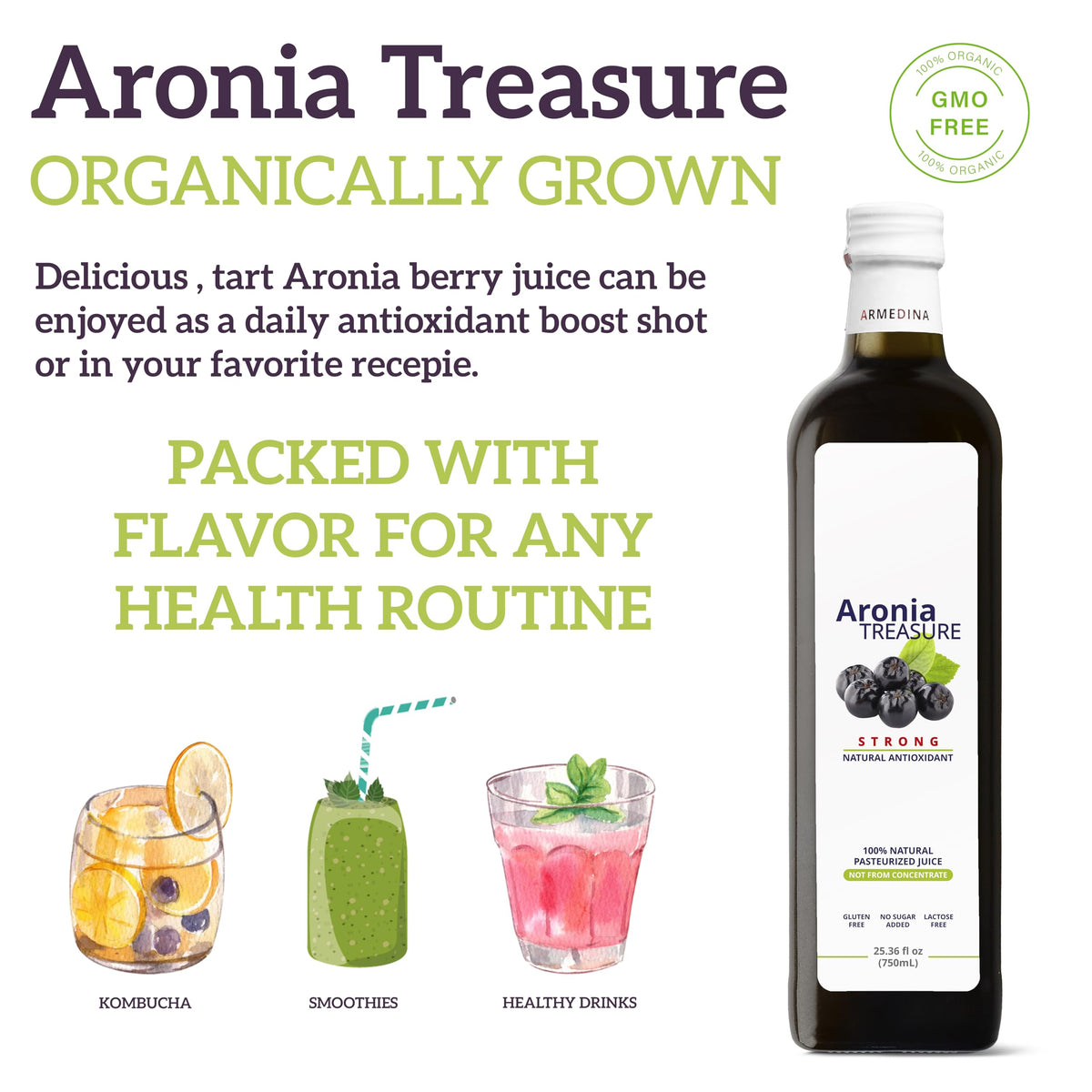 Aronia Treasure 100% Aronia Berry Juice - Rich in Antioxidants, Gluten-Free, Vegan, 25.36 Fl Oz