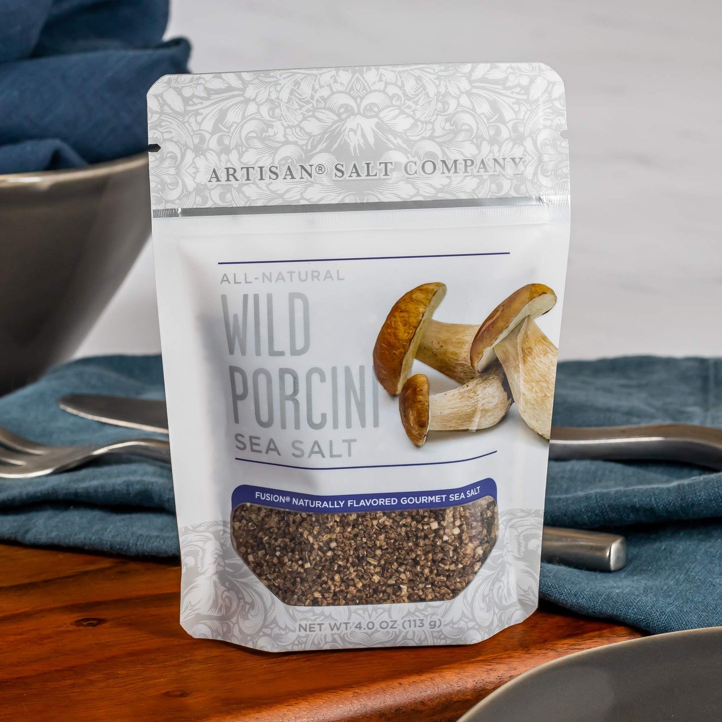 SaltWorks Artisan Salt Fusion Wild Porcini Sea Salt, 4 Ounce Zip-Top Pouch, Light to Dark Brown Crystals