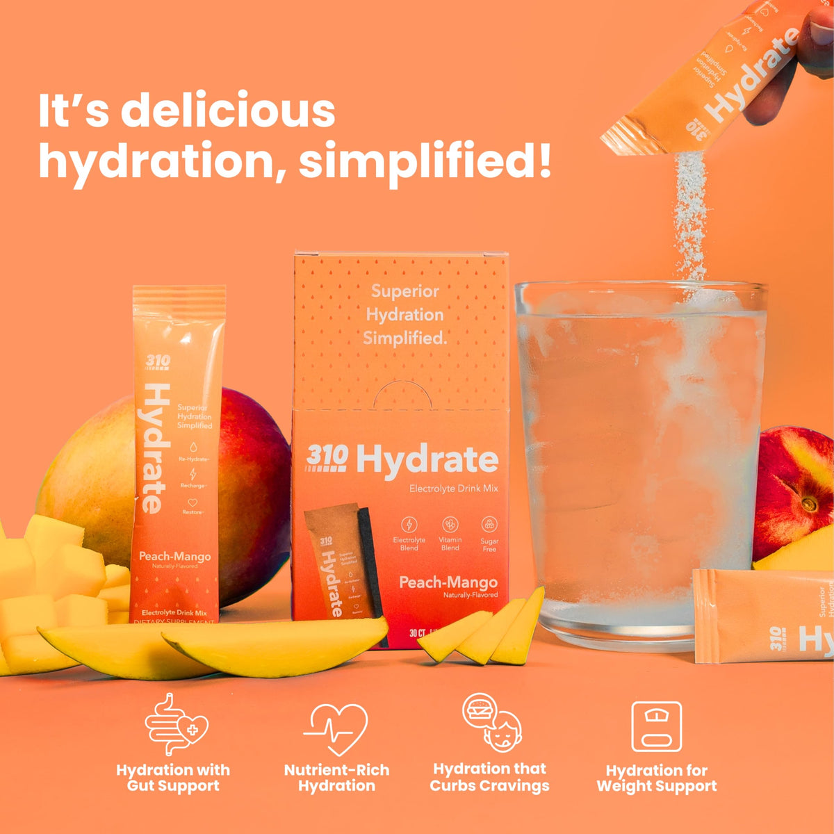 310 Hydrate Peach Mango Electrolytes Powder Packets - No Sugar Hydration Packets With Key Vitamins & Minerals - Keto Friendly -