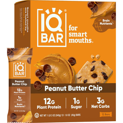 IQBAR Brain and Body Plant Protein Bars - Peanut Butter Chip - 12 Count, Low Carb, High Fiber, Gluten Free, Vegan Snacks - Low S
