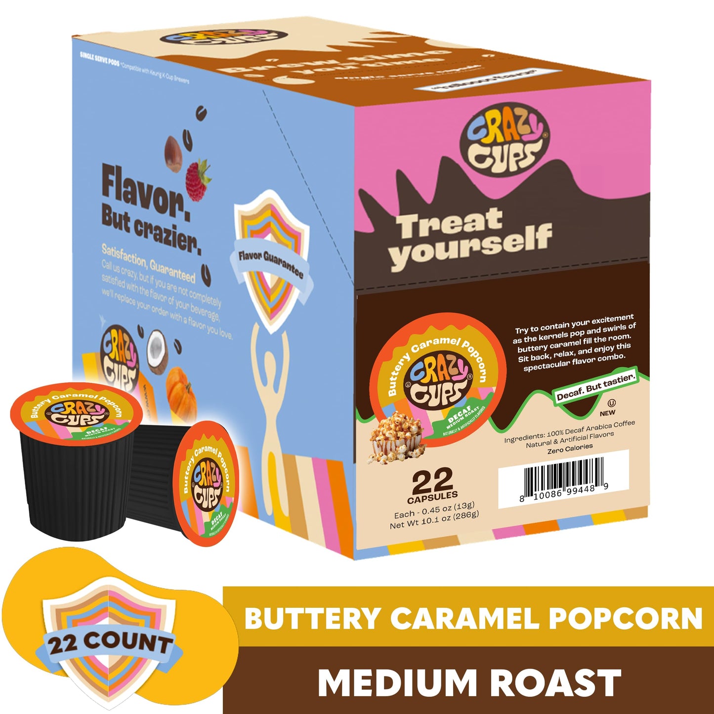Crazy Cup Flavored Decaf Coffee Pods, Decaffeinated Buttery Caramel Popcorn Coffee Pods For K Cup Keurig Machines, Brew Hot Or I