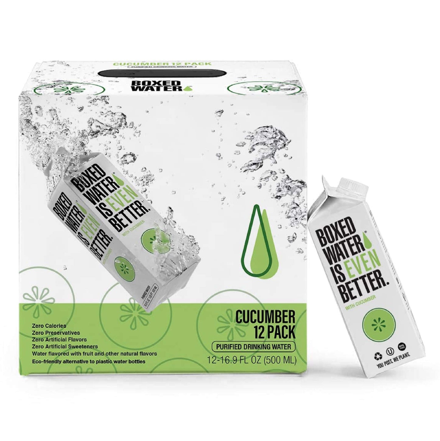 BOXED WATER IS BETTER Cucumber Flavored Water - 16.9 oz (12 Pack) - Purified, Zero Calories, Plant-Based Boxes