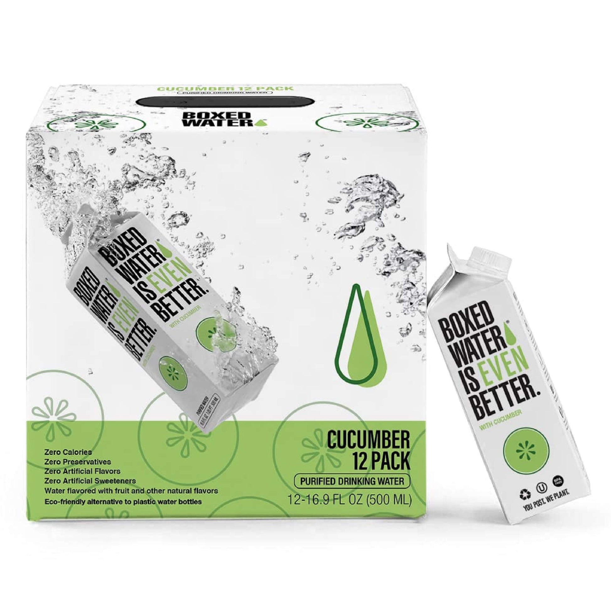BOXED WATER IS BETTER Cucumber Flavored Water - 16.9 oz (12 Pack) - Purified, Zero Calories, Plant-Based Boxes