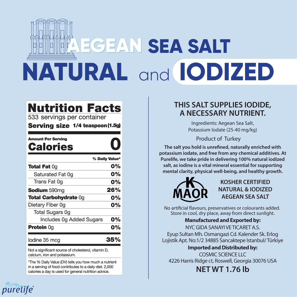 Purelife Organic Iodized Sea Salt - Ground Fine, Kosher Certified, Unrefined, 28.16 oz, Vegan, Paleo, Keto, Gluten & MSG Free