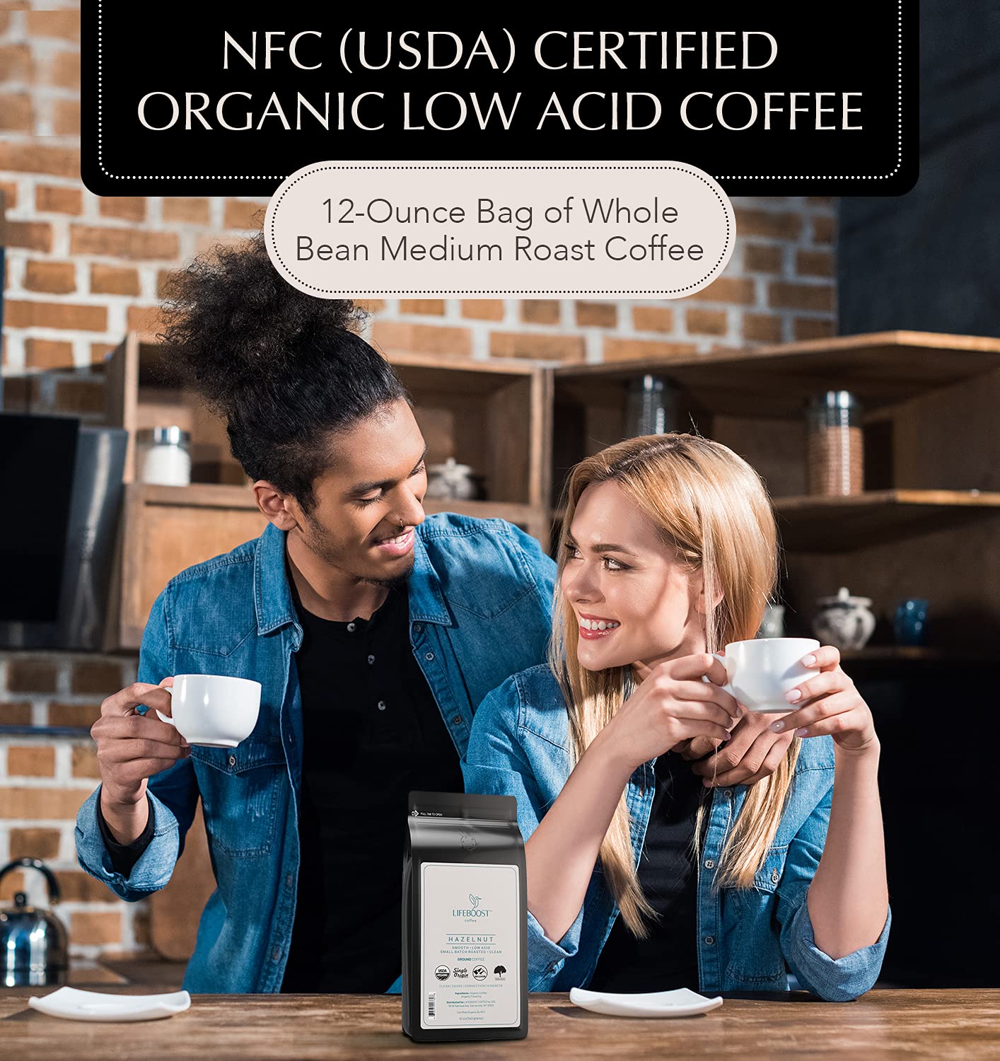LIFEBOOST Hazelnut Ground Coffee – Organic, Low Acid, 12 oz, Non-GMO