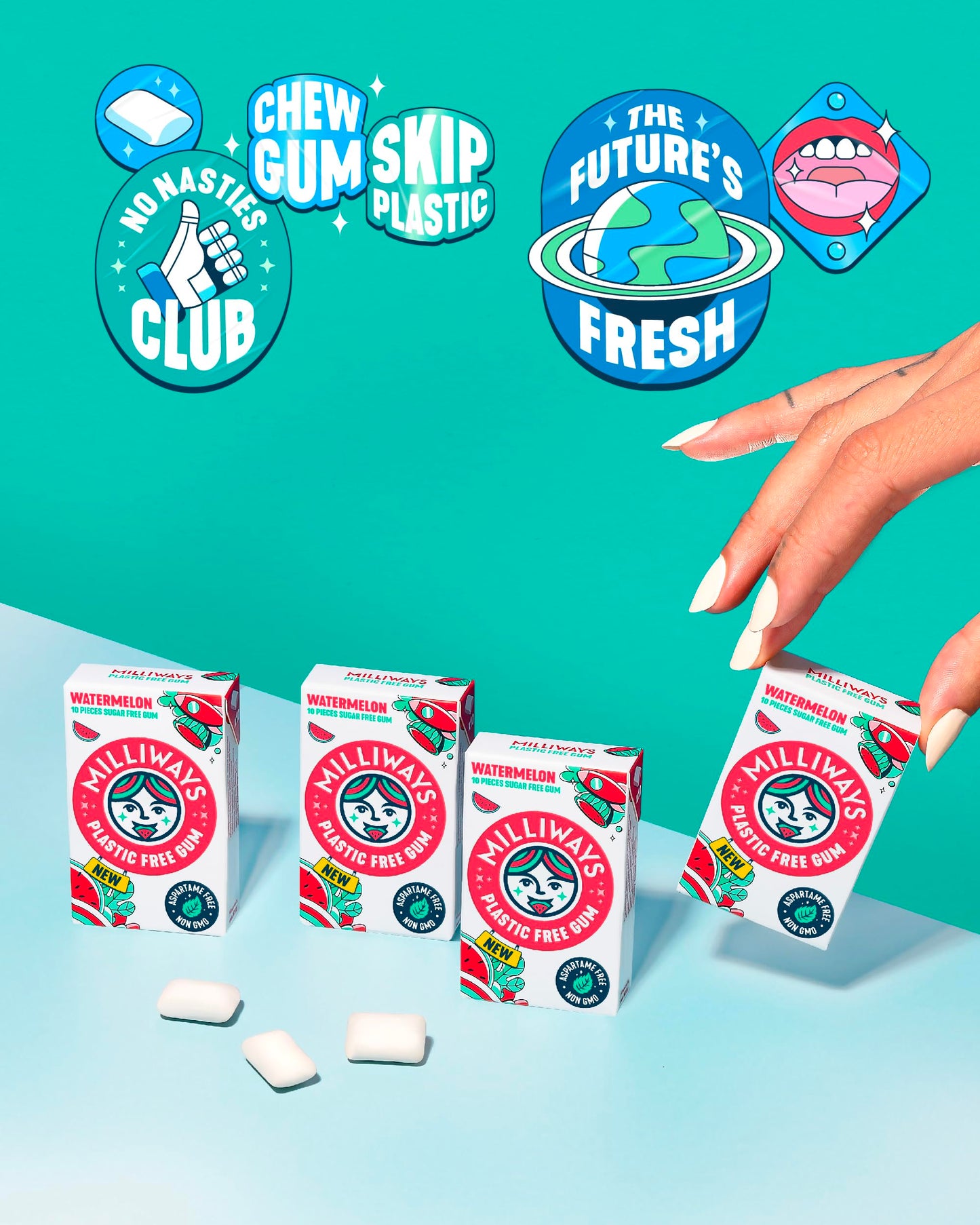 Milliways Watermelon | Plastic Free Gum | Xylitol, Aspartame-Free, Sugar-Free, Plant-Based, Natural Chewing Gum | 120 Pieces Tot