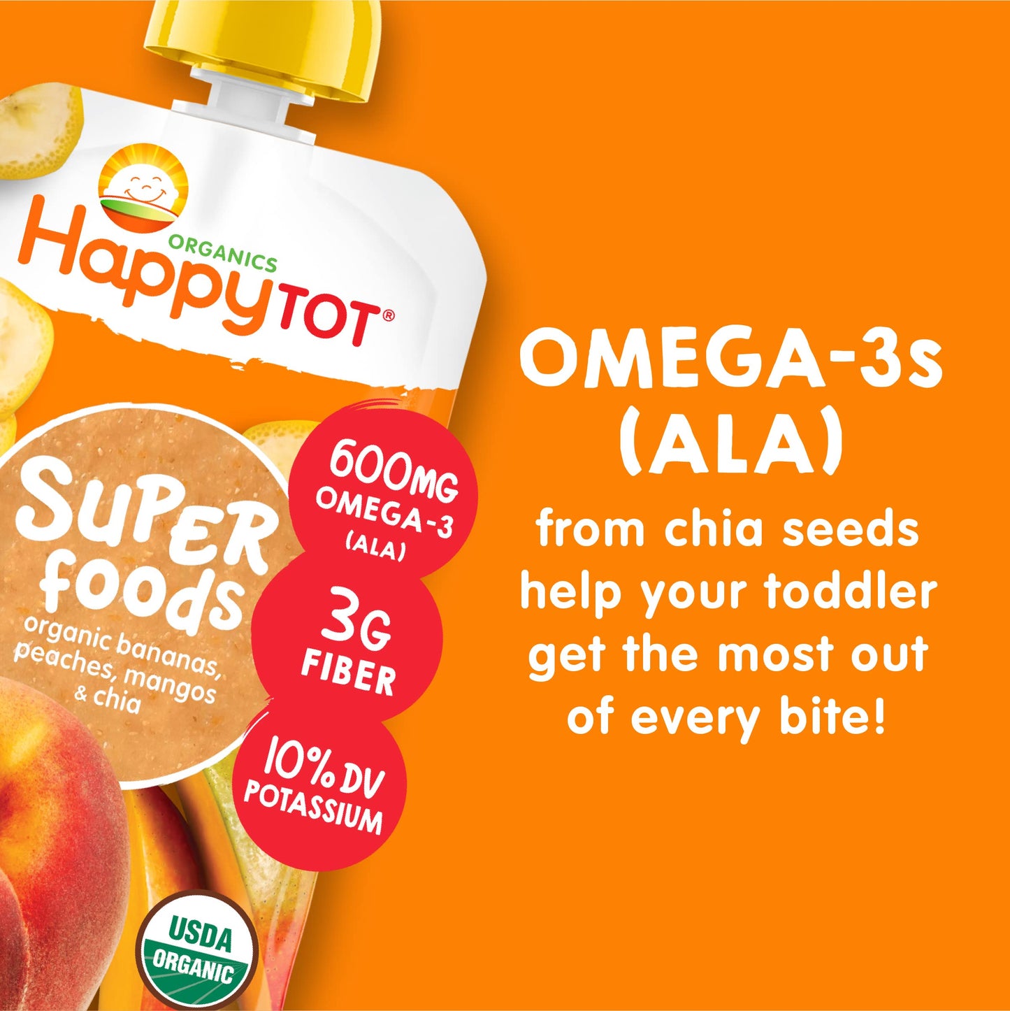 Happytot Organics Stage 4 Baby Food Pouches, Gluten Free, Vegan Snack, Superfoods Fruit & Veggie Puree, Bananas, Peaches, Mangos & Chia, 4.22 Ounce (Pack Of 16)