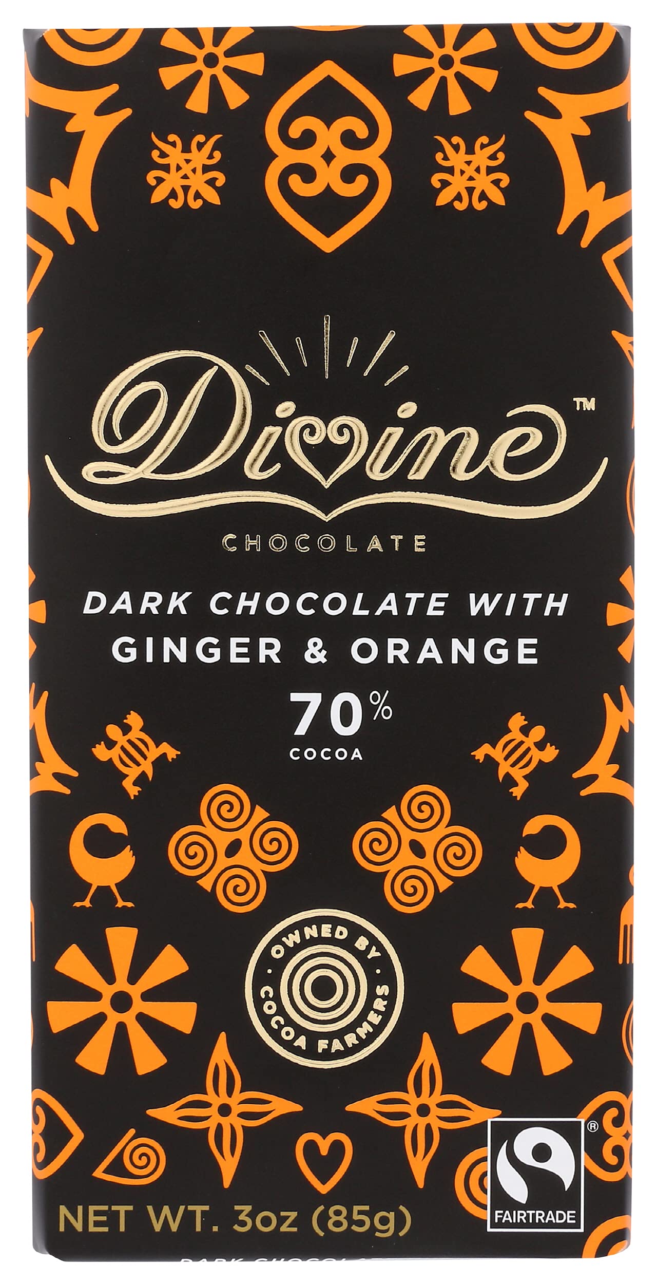 Divine Chocolate Chocolate Bar Dark Ginger Orange, 3 Oz