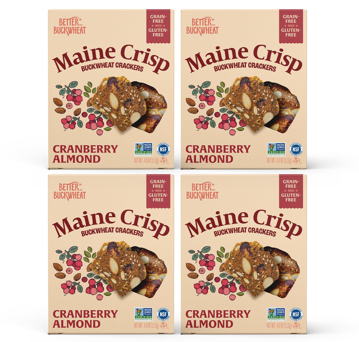 Maine Crisp Cranberry Almond Crisps, 4 Pack - Snack Crackers, Grain Free, Non-Gmo - Sweet & Savory Flavor, For Cheese Boards, Sa