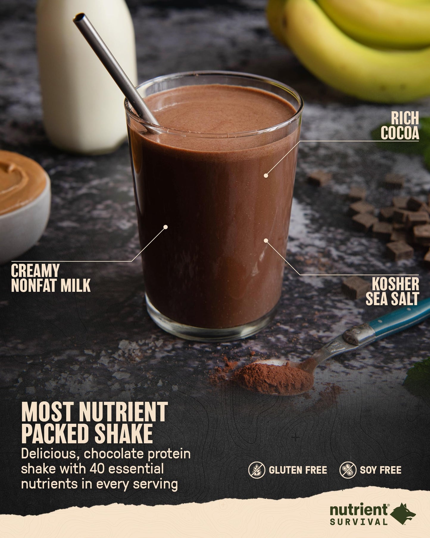 Nutrient Survival Protein Shake, Creamy Chocolate, Whey Protein Powder, Freeze Dried Prepper Supplies & Emergency Food, 40 Nutri