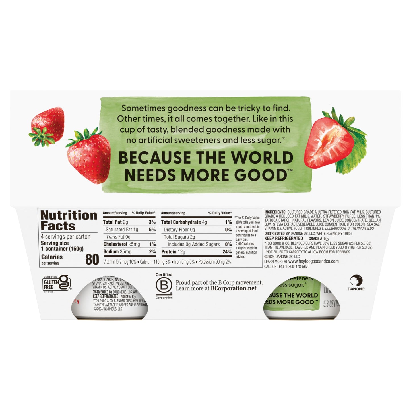 Too Good & Co. Strawberry Flavored Greek Yogurt Cultured Product, 5.3 OZ Cups