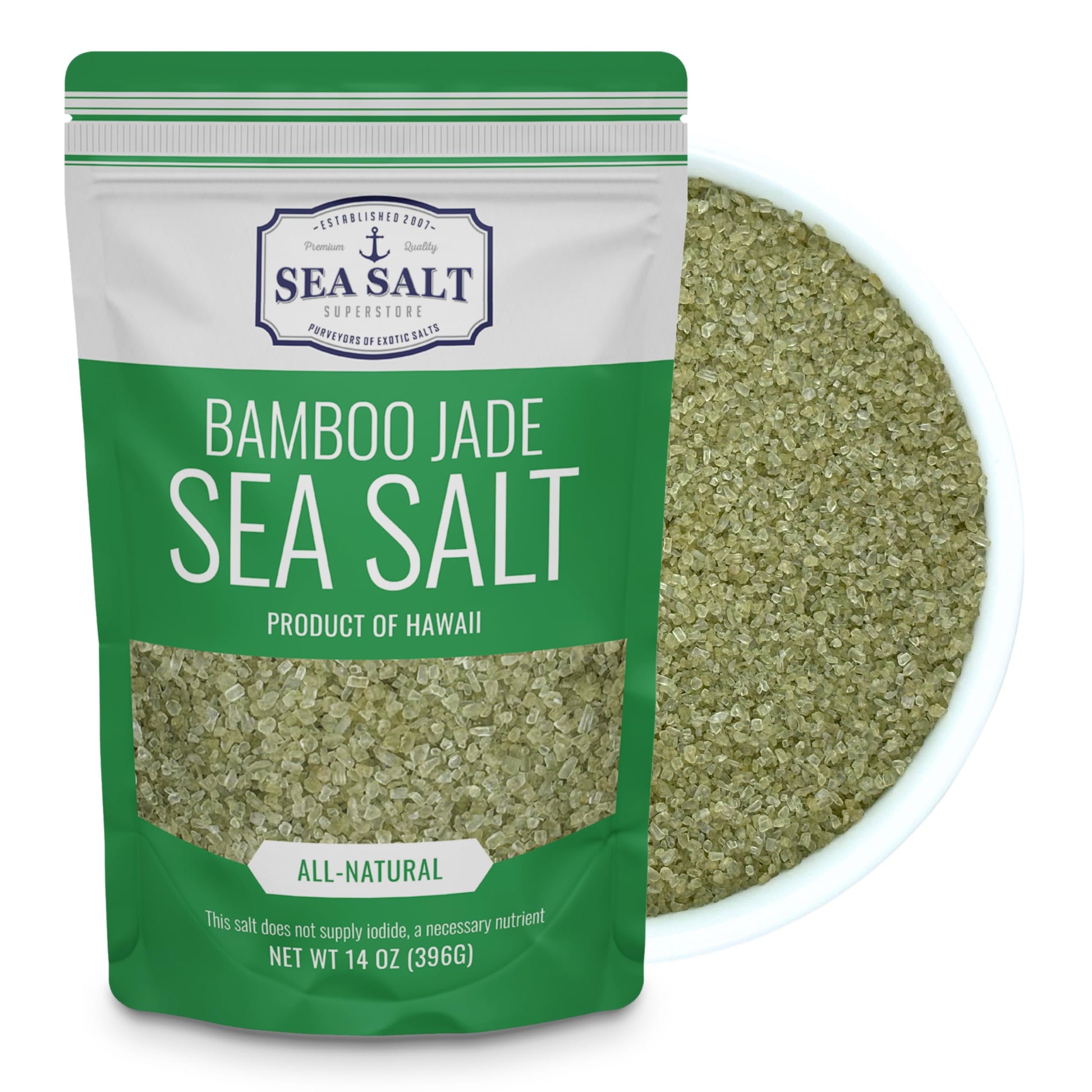 Hawaiian Bamboo Jade Sea Salt - Green Fine Sea Salt Infused With Real Bamboo Leaf Extract - For Finishing  Grilling & Seasoning - 14 Oz Bag
