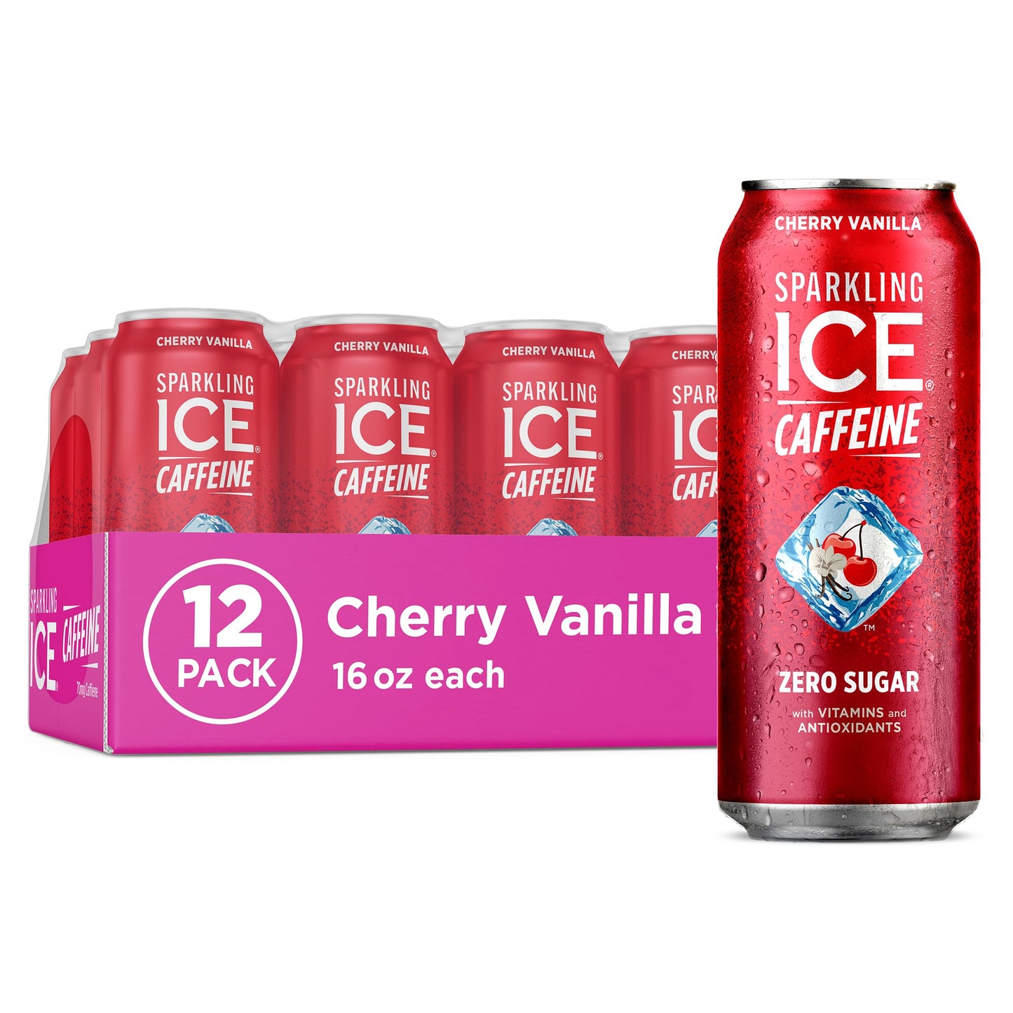 Sparkling Ice Caffeine Cherry Vanilla Sparkling Water, Zero Sugar, 16 Fl Oz Cans (Pack of 12)