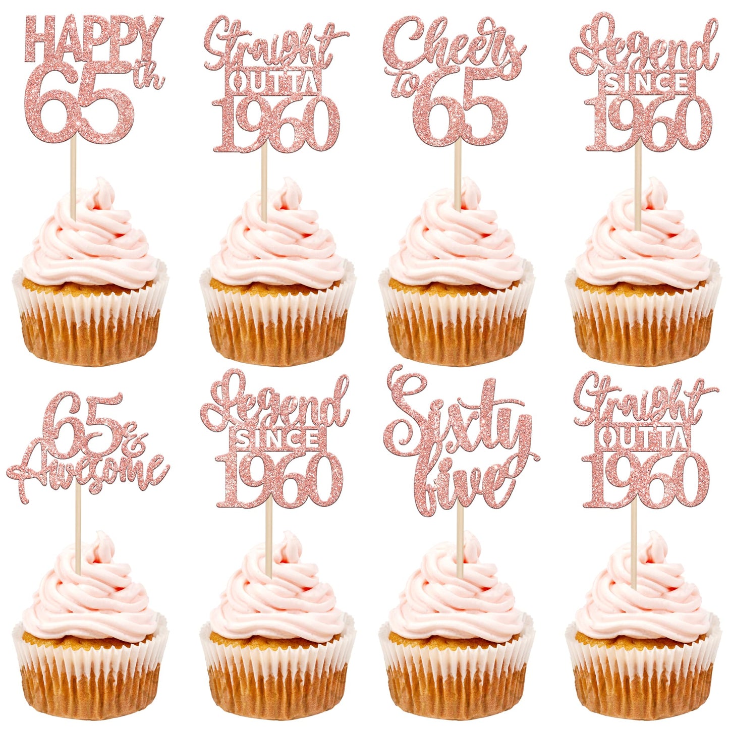 24PCS Rose Gold Happy 65th Birthday Cupcake Toppers Sixty Five Straight Outta 1960 Cupcake Picks Cheers to 65 Lengend Since 1960