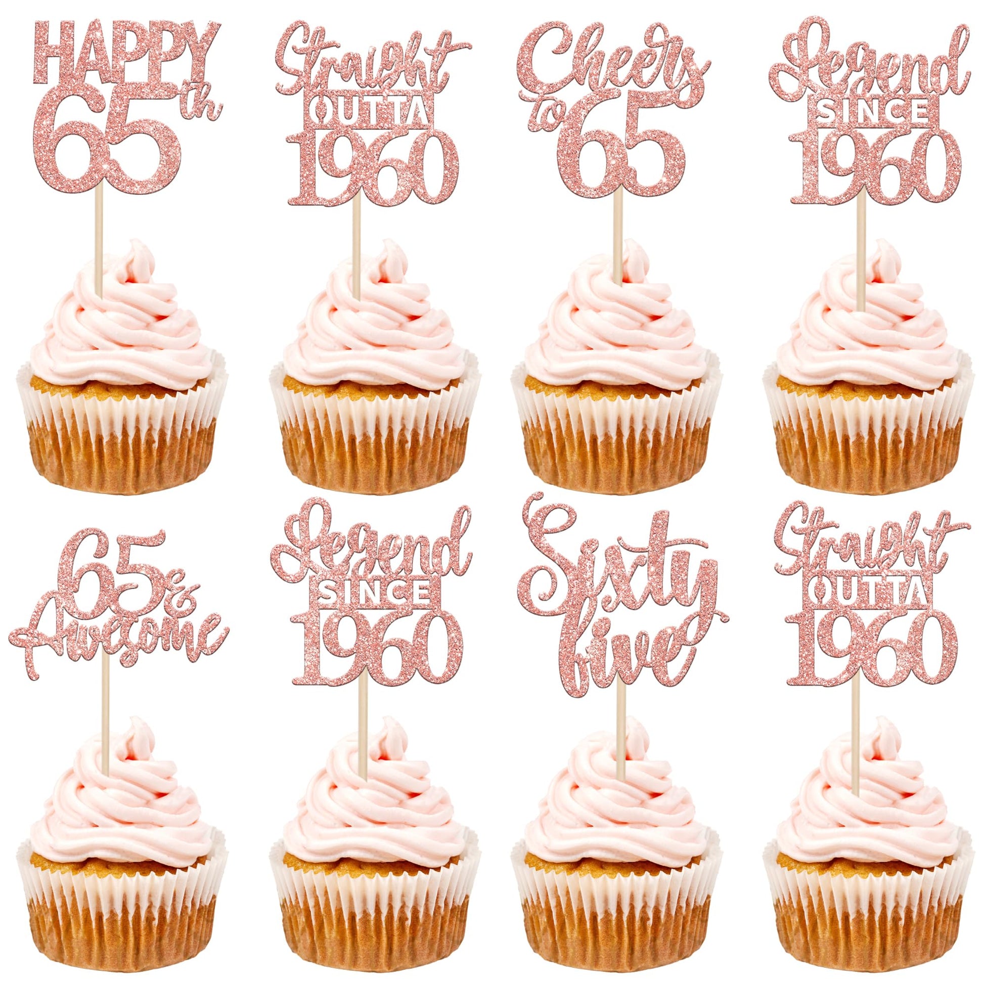 24PCS Rose Gold Happy 65th Birthday Cupcake Toppers Sixty Five Straight Outta 1960 Cupcake Picks Cheers to 65 Lengend Since 1960