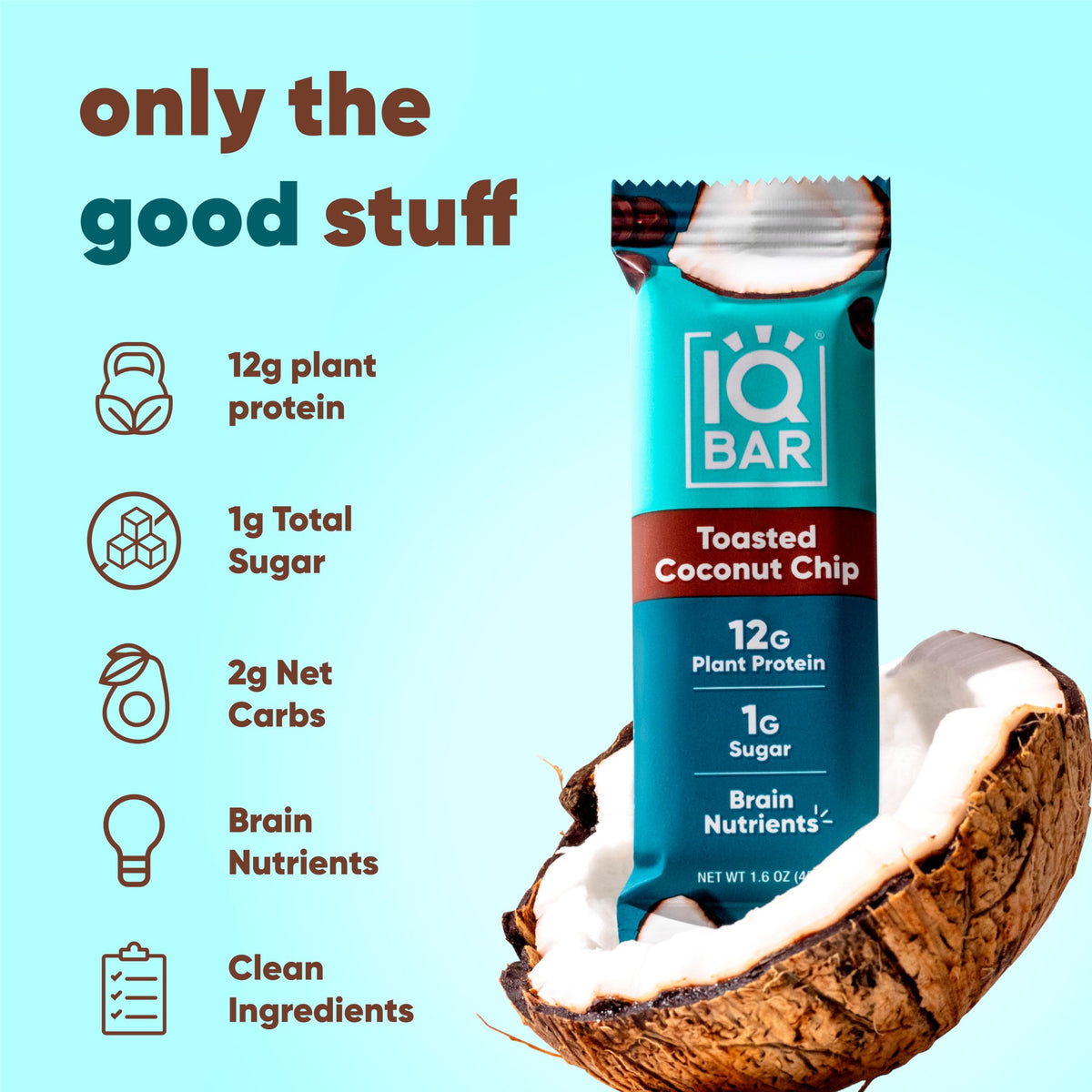 IQBAR Brain and Body Plant Protein Bars - Toasted Coconut Chip - 12-Count Low Carb - Gluten Free, High Fiber, Vegan Snacks - Low