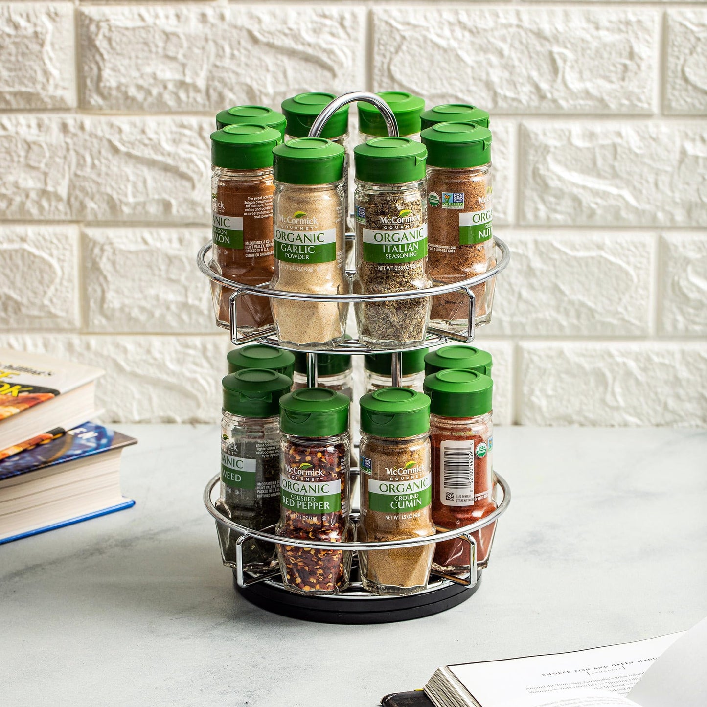 McCormick Gourmet Two Tier Chrome 16 Piece Organic Spice Rack Organizer with Spices Included  15.41 oz
