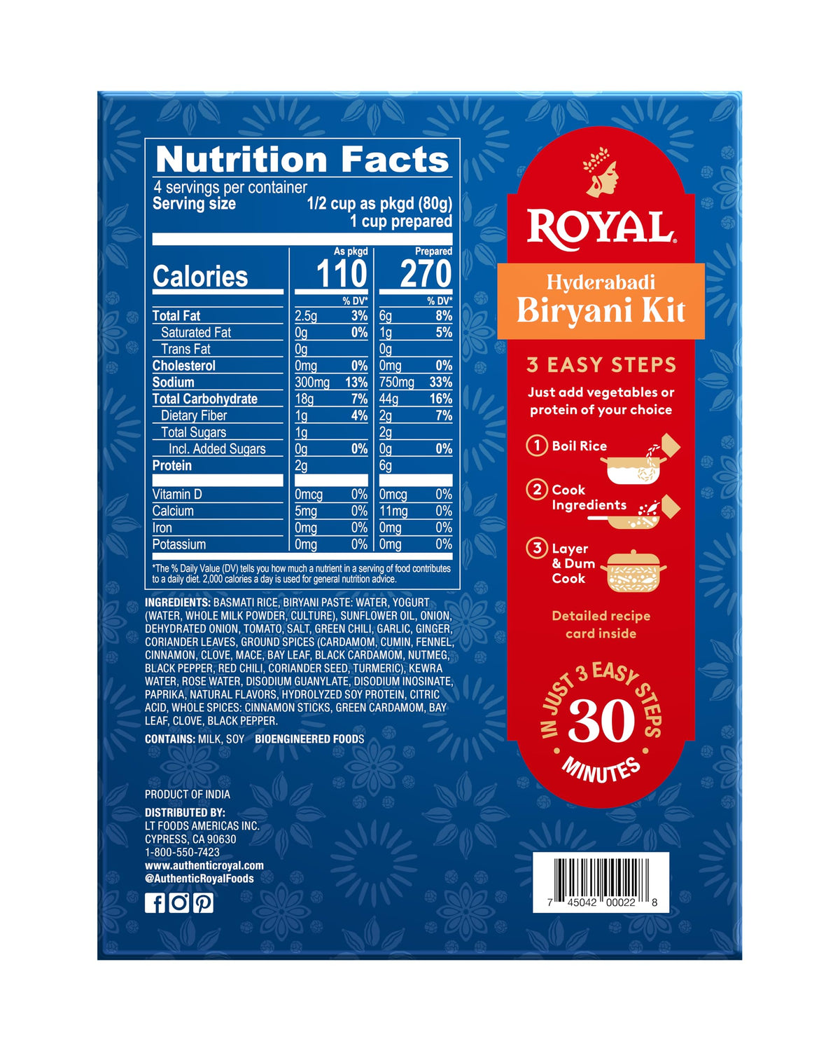 Royal Hyderabadi Biryani Kit - Authentic White Basmati Rice, Biryani Paste, And Whole Spices - 11.5 Oz Box