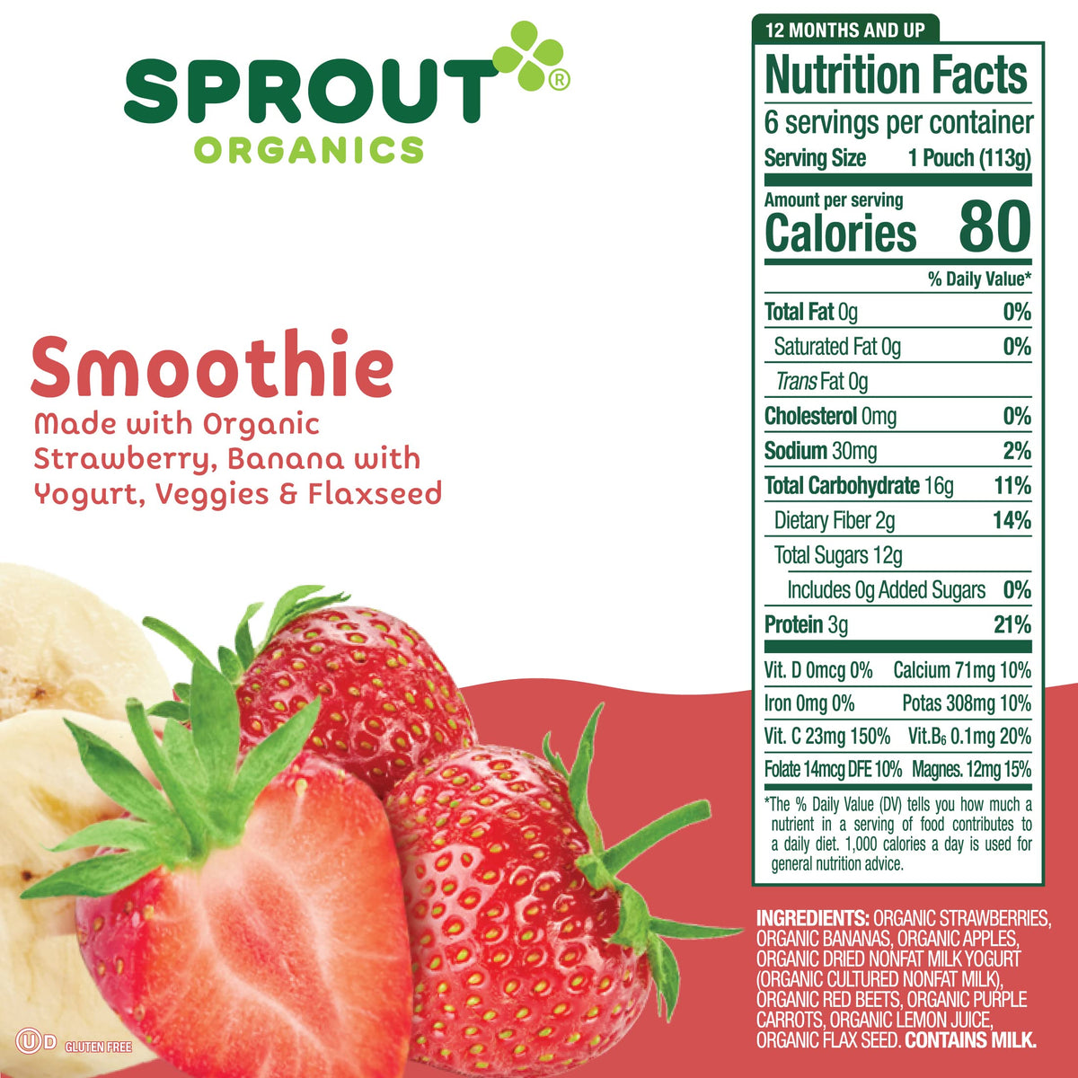 Sprout Organic Baby Food, Stage 4 Toddler Smoothie Pouches, Strawberry Banana & Yogurt, 4 Oz Purees (Pack Of 12)