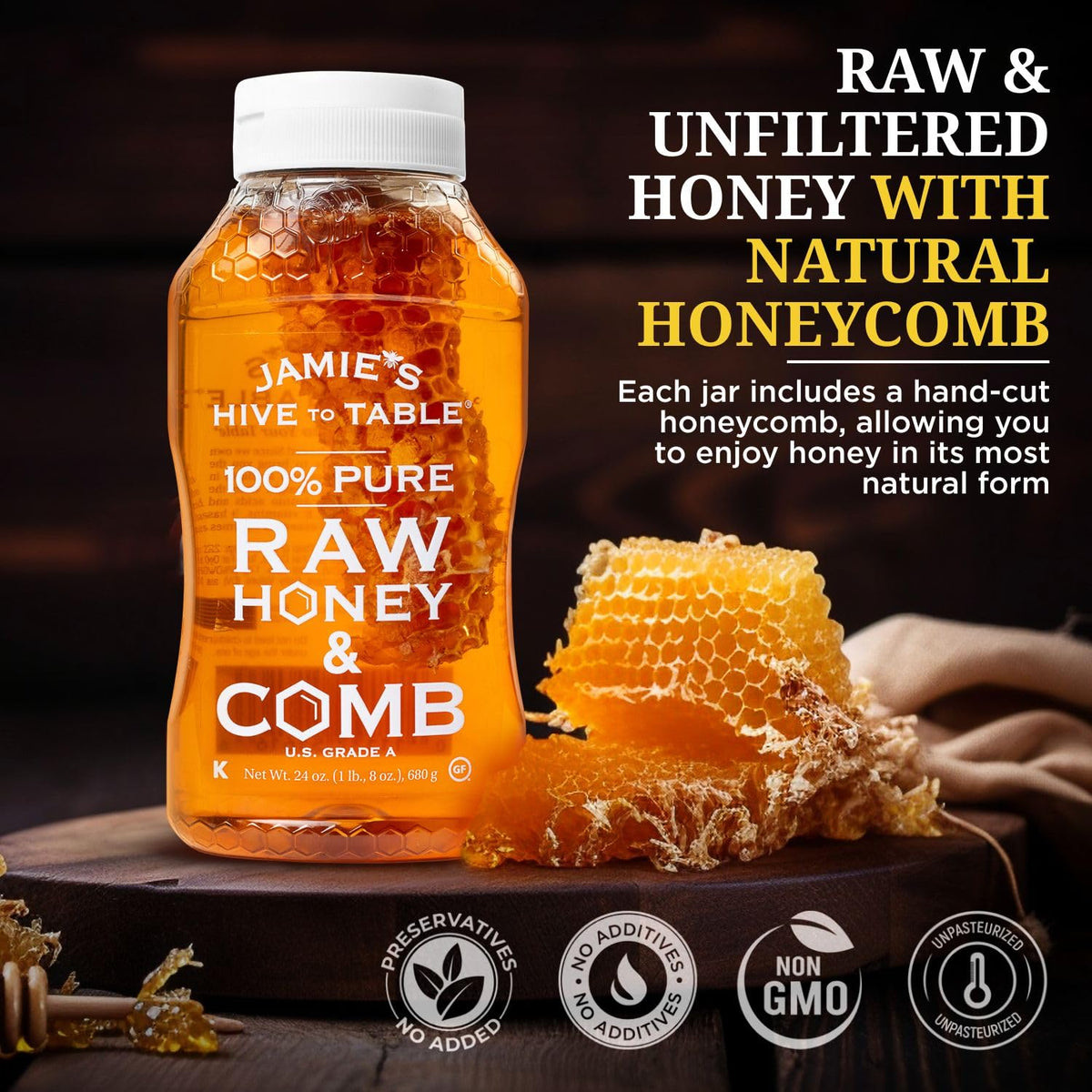 Jamies Hive To Table 100% Pure Honey With Honeycomb, 24 Oz - Usa Made Raw & Unfiltered Honey - Fresh Edible Honeycomb - All-Natu