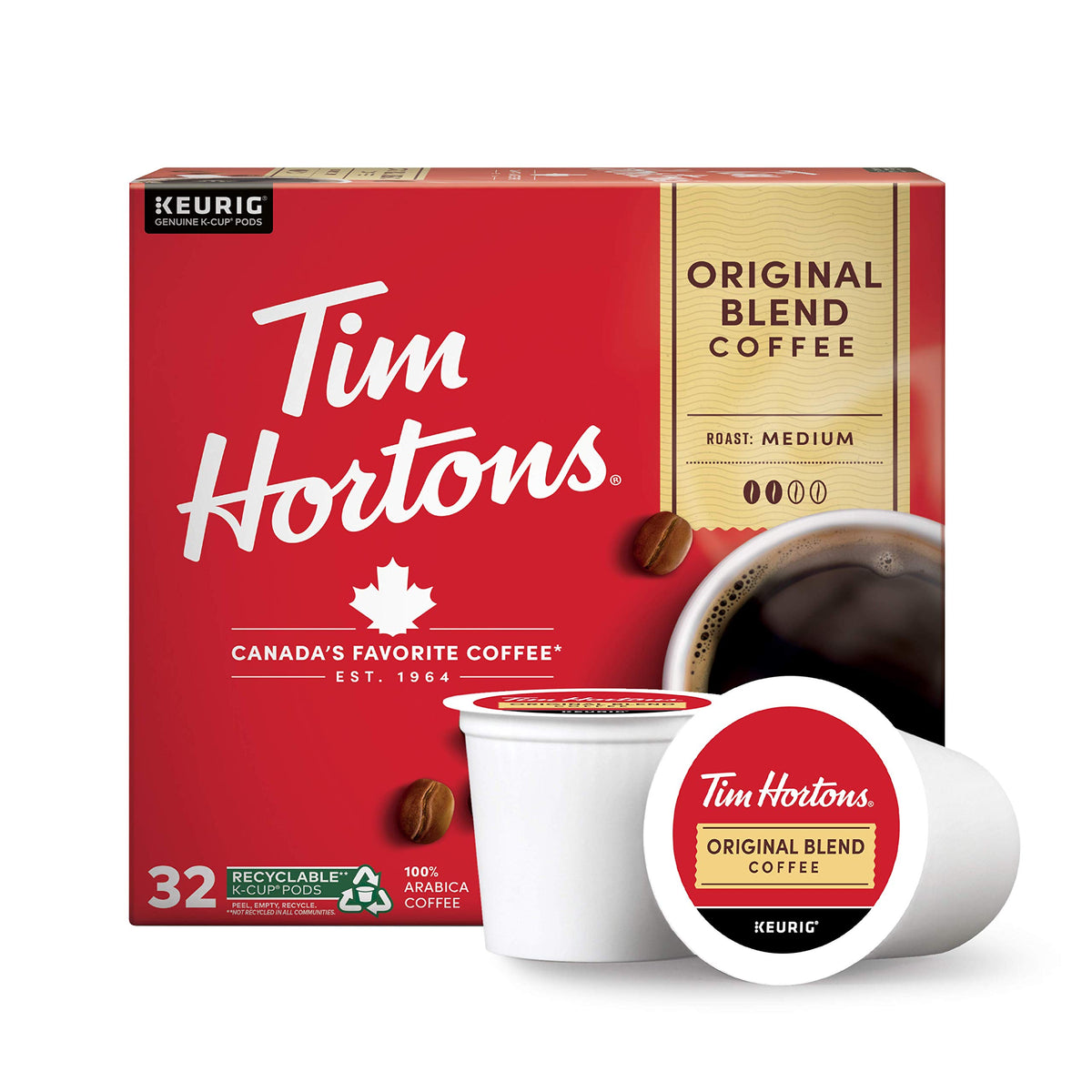Tim Hortons Original Blend Medium Roast Coffee K-Cup Pods 32ct Red Compatible with Keurig Brewers