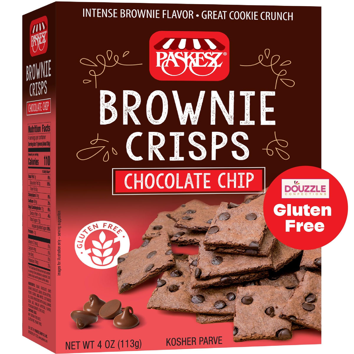 DOUzzle Gluten Free Cookies, Brownie Crisps Chocolate Chip (4 OZ - Pack of 1) Non Gebrokts Kosher for Passover Food Snacks -